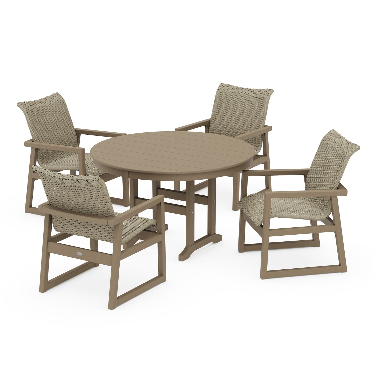 POLYWOOD EDGE Woven 5-Piece Round Farmhouse Dining Set — Vintage Sahara / Dune Grass