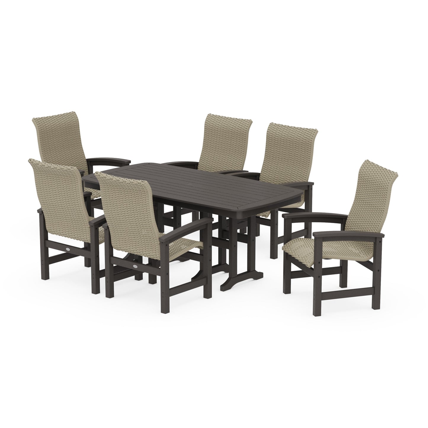 POLYWOOD Coastal Woven High-Back Arm Chair 7-Piece Dining Set — Vintage Coffee / Dune Grass