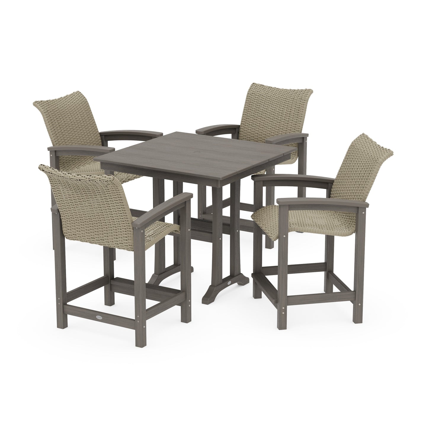 POLYWOOD Coastal Woven 5-Piece Farmhouse Counter Set with Trestle Legs — Driftwood / Dune Grass