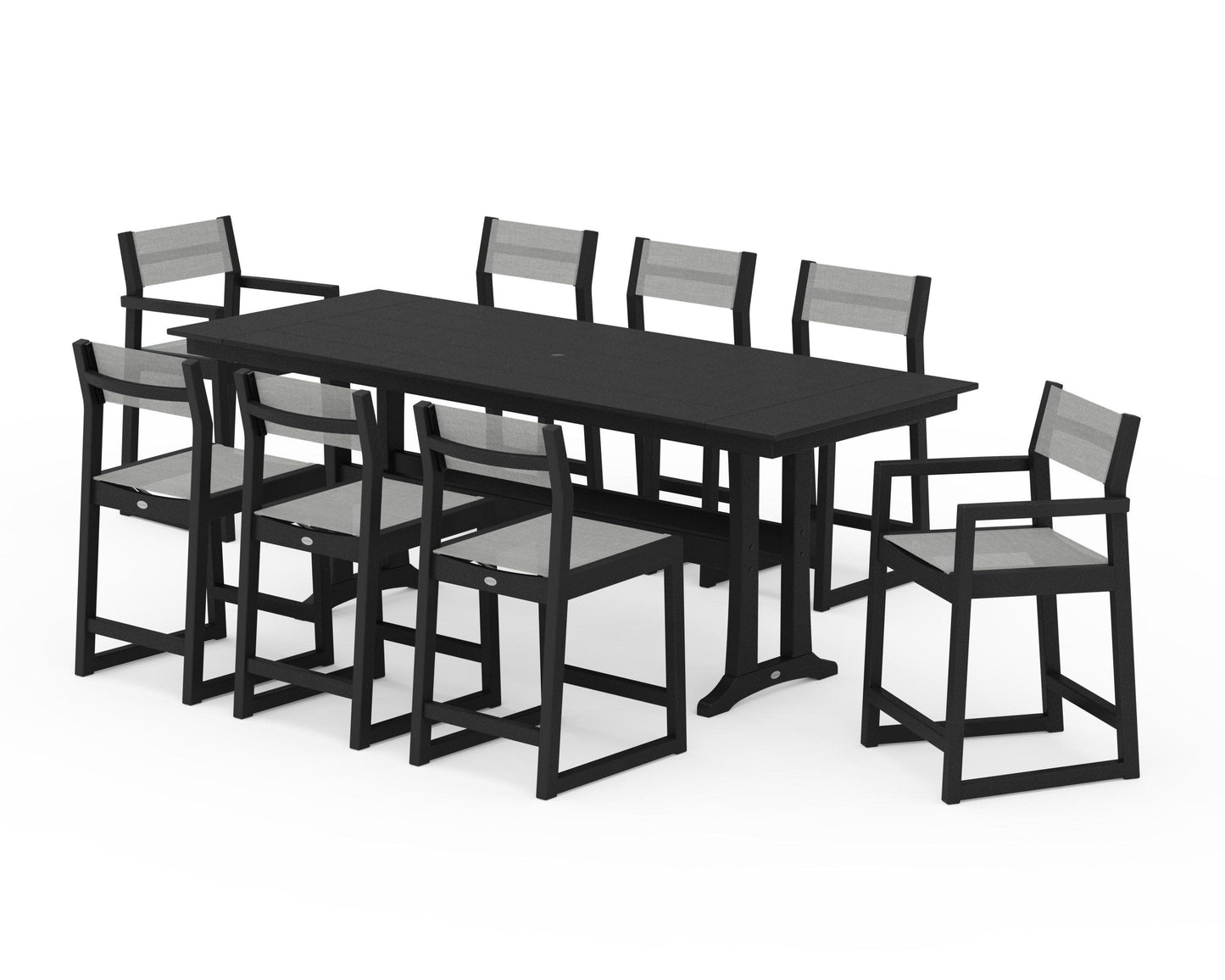 POLYWOOD EDGE Sling 9-Piece Farmhouse Counter Set with Trestle Legs — Black / Metallic Sling