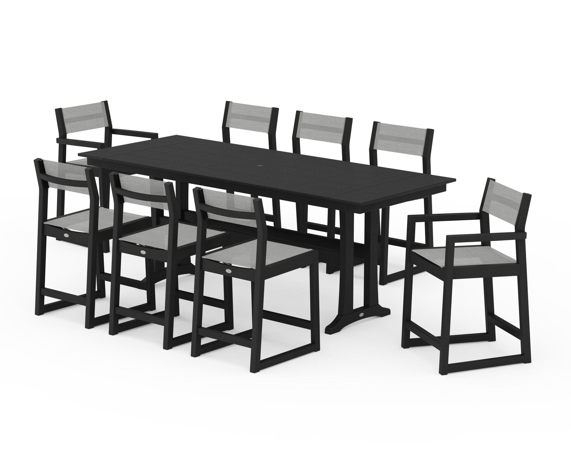 POLYWOOD EDGE Sling 9-Piece Farmhouse Counter Set with Trestle Legs — Black / Metallic Sling