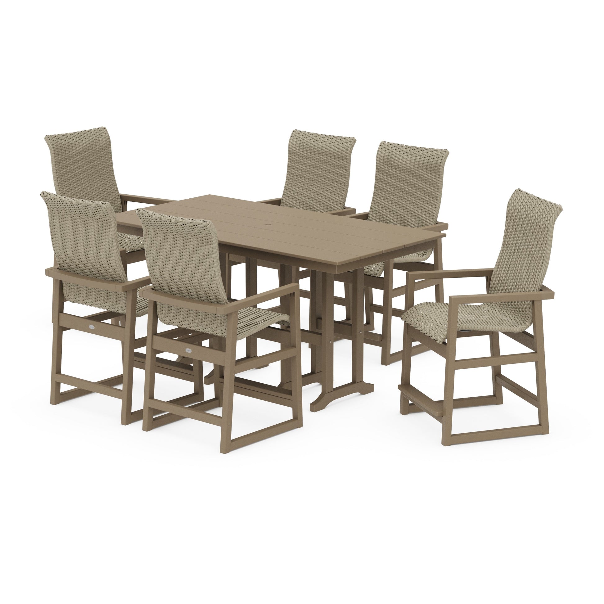POLYWOOD EDGE Woven Highback Arm Chair 7-Piece Farmhouse Counter Set — Vintage Sahara / Dune Grass
