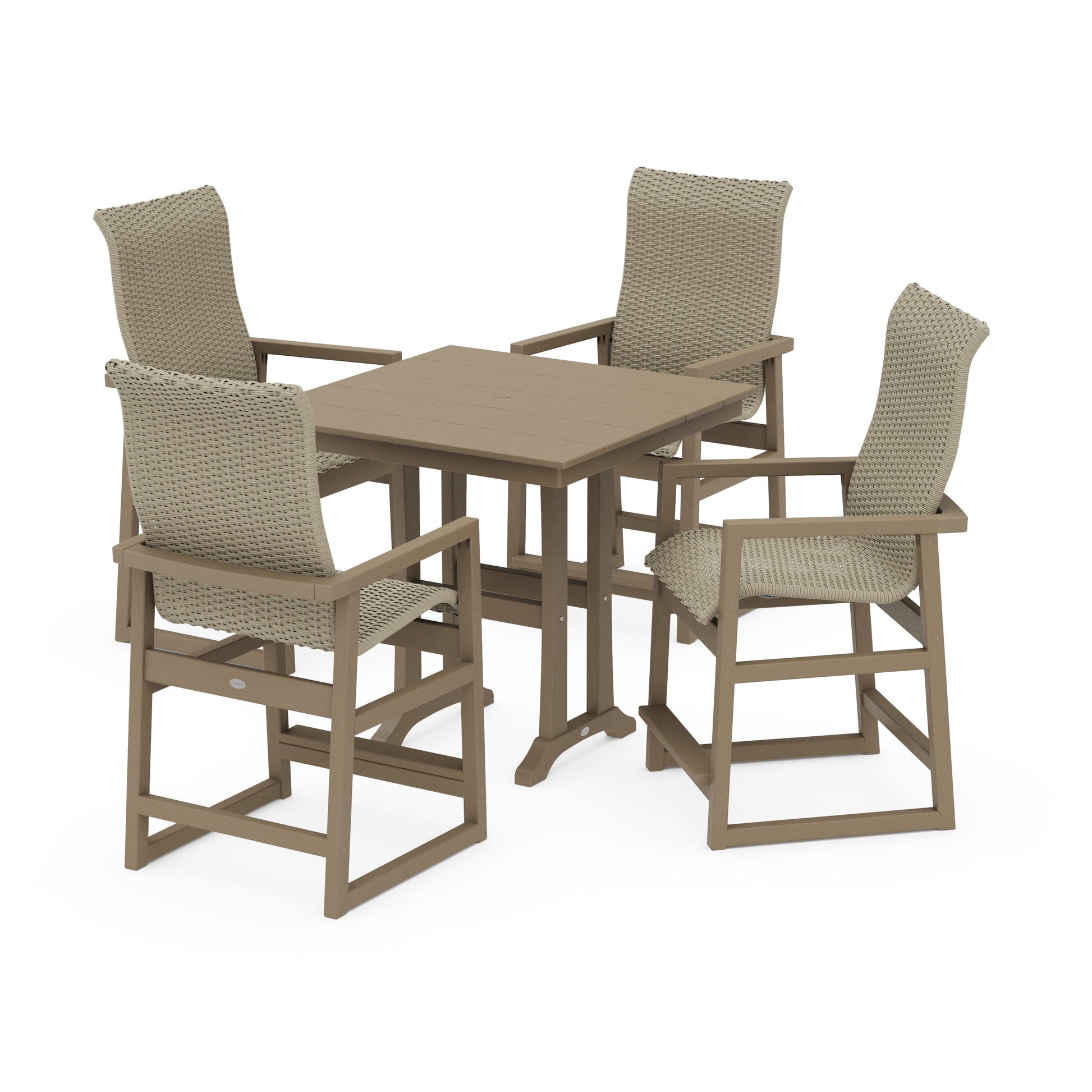 POLYWOOD EDGE Woven Highback 5-Piece Farmhouse Counter Set with Trestle Legs — Vintage Sahara / Dune Grass