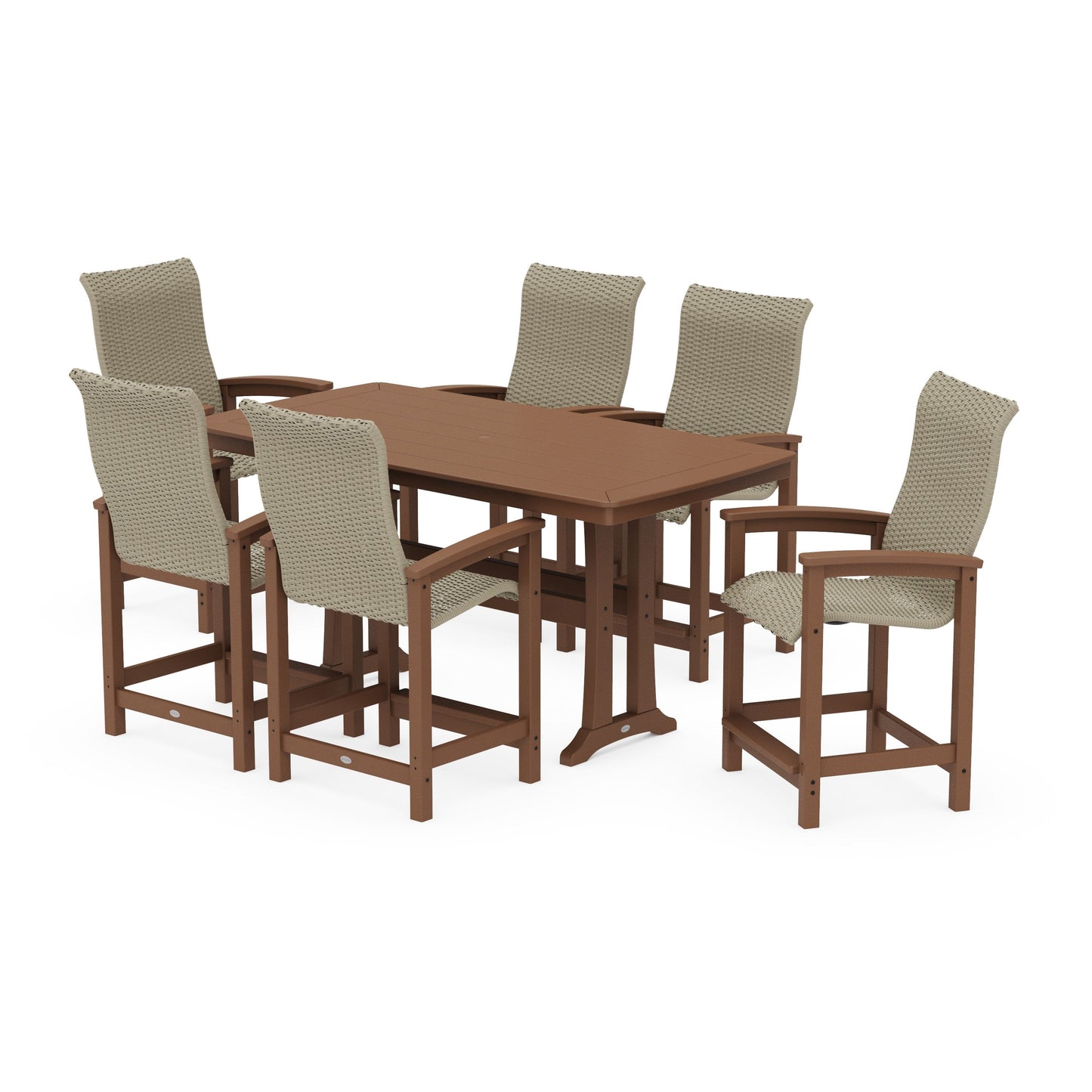 POLYWOOD Coastal Woven High-Back Arm Chair 7-Piece Counter Set with Trestle Legs — Teak / Dune Grass