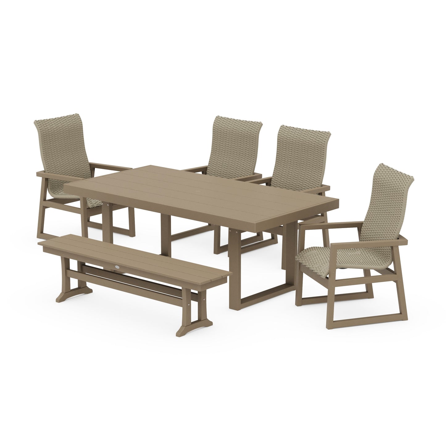 POLYWOOD EDGE Woven Highback 6-Piece Dining Set with Bench — Vintage Sahara / Dune Grass