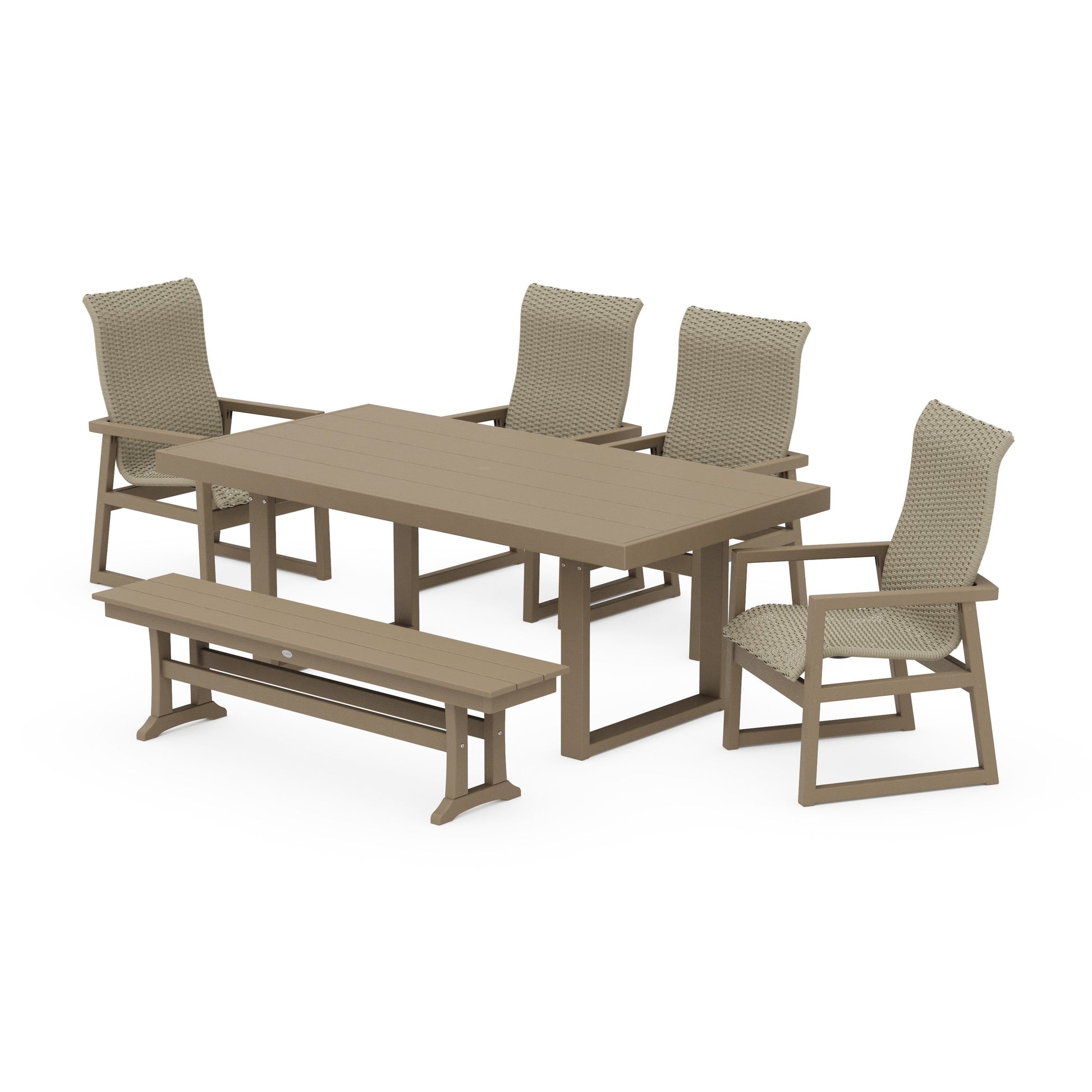 POLYWOOD EDGE Woven Highback 6-Piece Dining Set with Bench — Vintage Sahara / Dune Grass