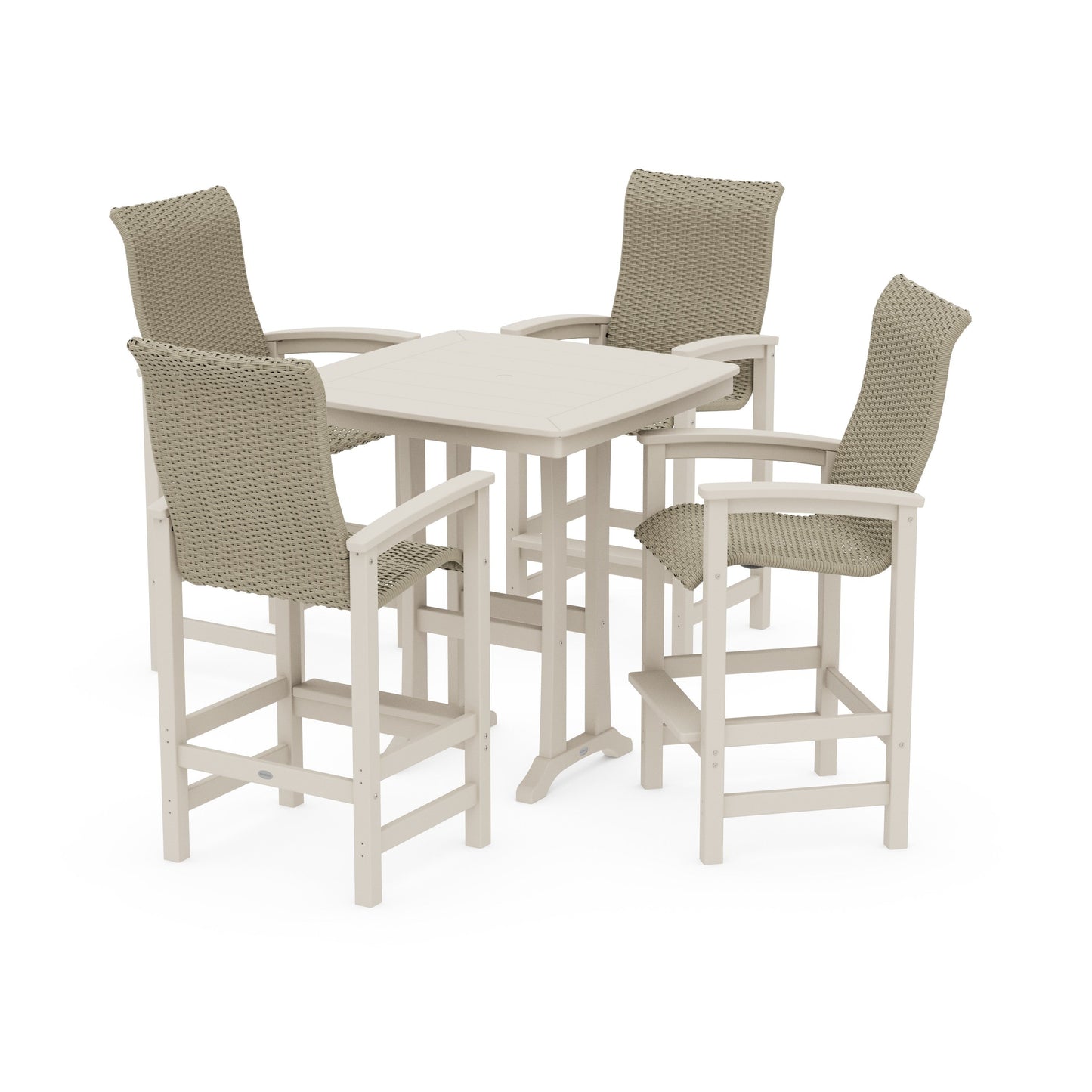 POLYWOOD Coastal Woven High-Back 5-Piece Bar Set with Trestle Legs — Sand / Dune Grass