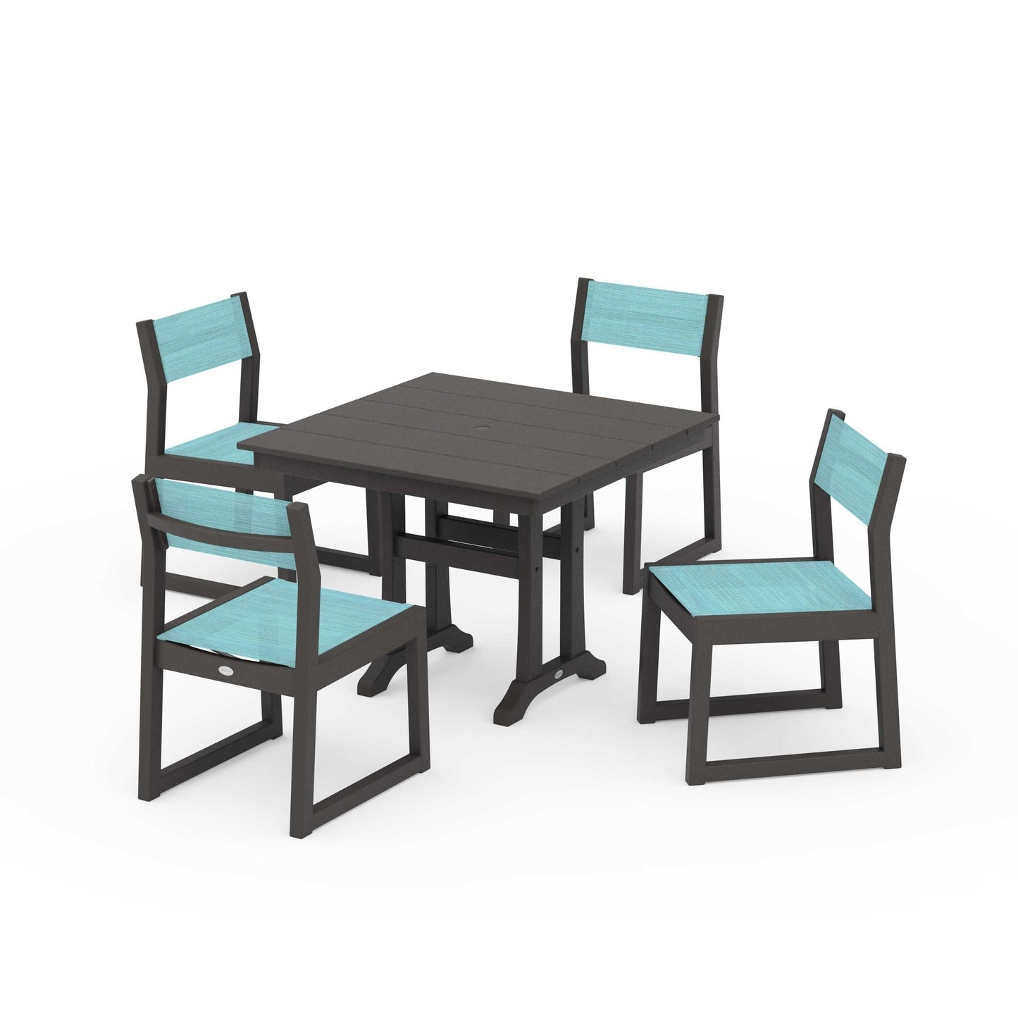 POLYWOOD EDGE Sling 5-Piece Farmhouse Trestle Side Chair Dining Set — Vintage Coffee / Dupioni Aquamarine Sling