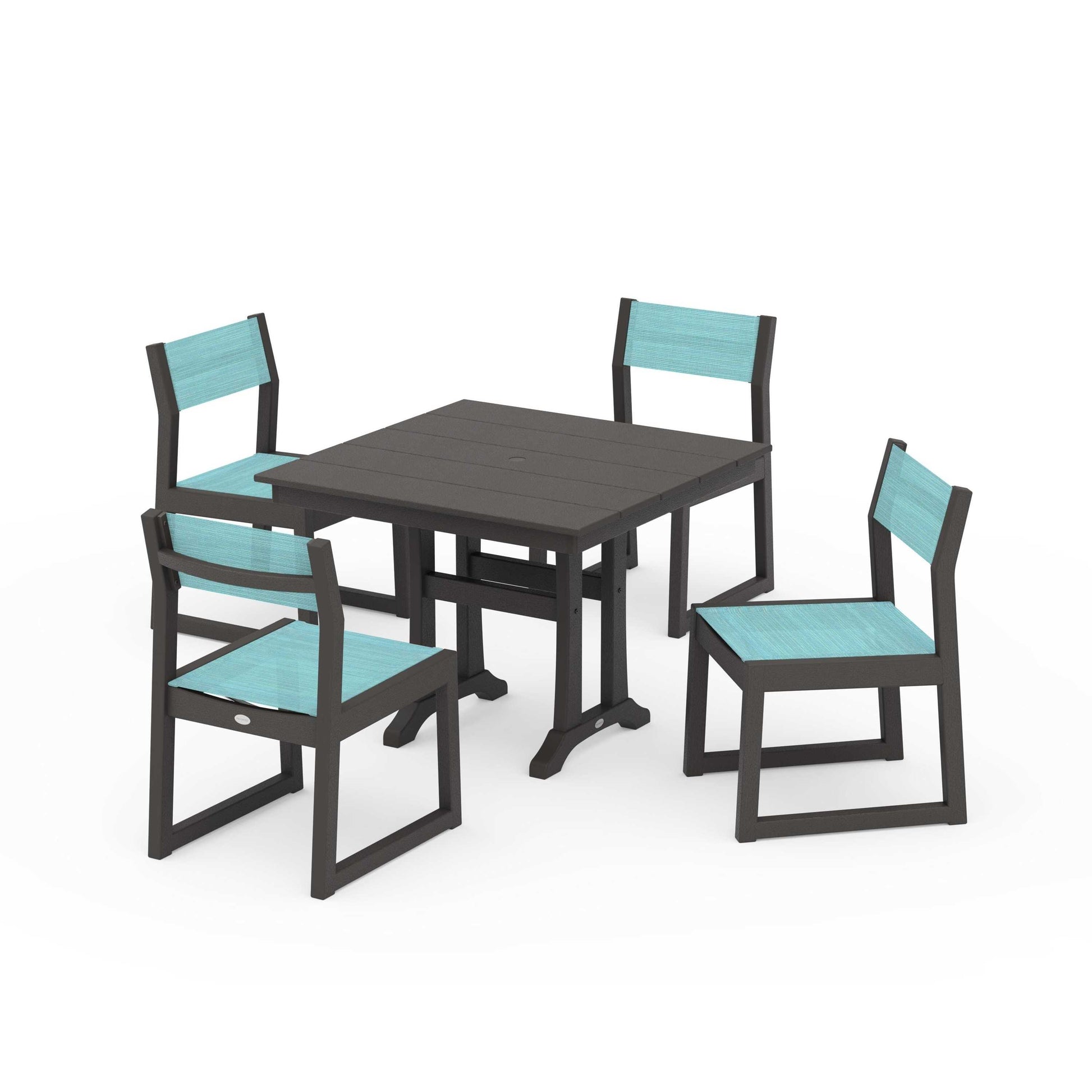 POLYWOOD EDGE Sling 5-Piece Farmhouse Trestle Side Chair Dining Set — Vintage Coffee / Dupioni Aquamarine Sling