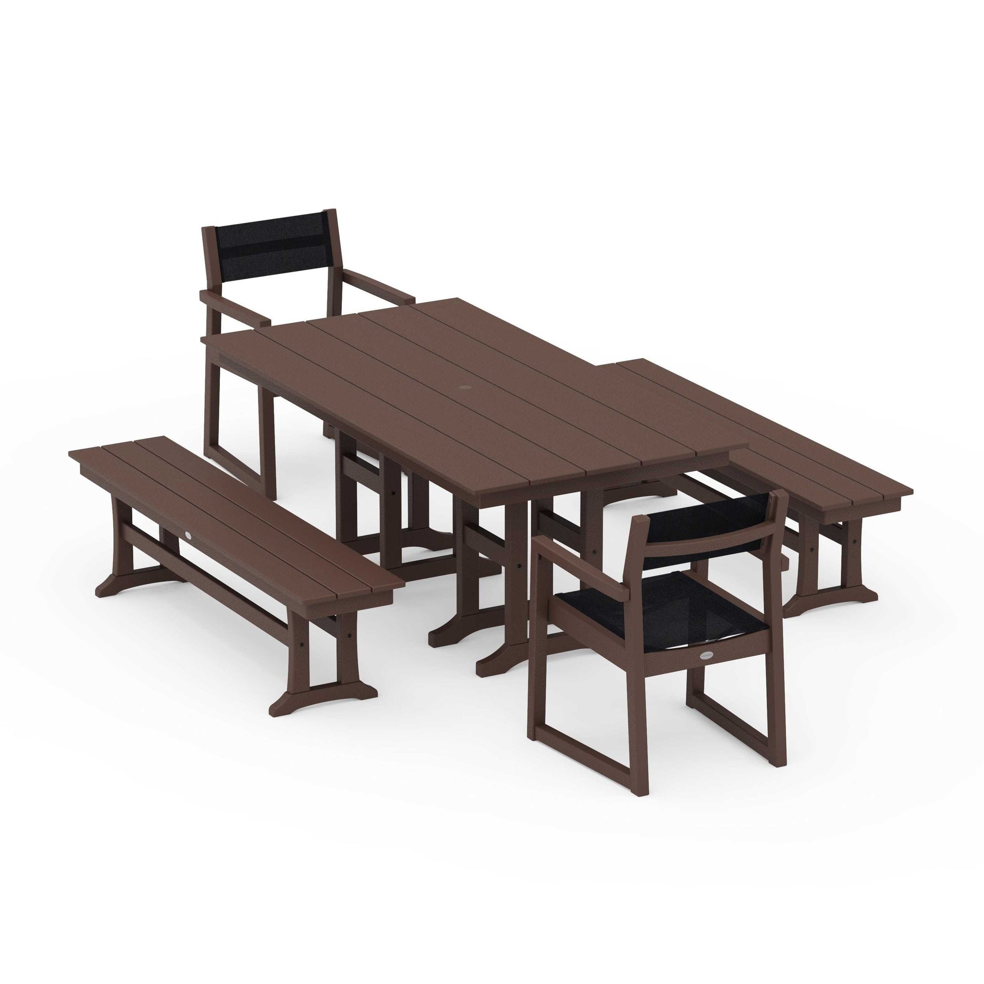 POLYWOOD EDGE Sling Arm Chair 5-Piece Farmhouse Dining Set with Benches — Mahogany / Black Sling