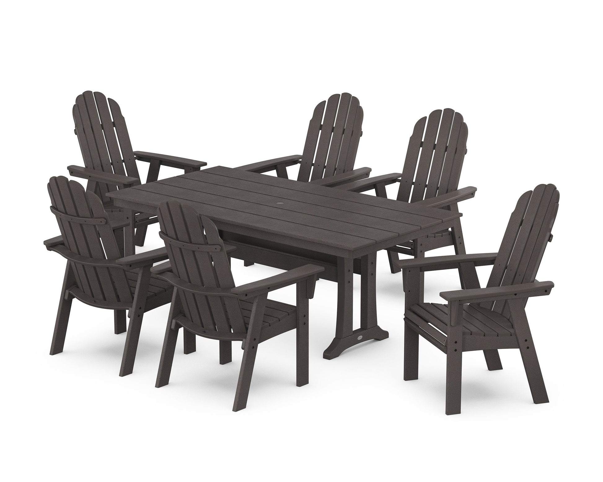 POLYWOOD Vineyard Curveback Adirondack Chair 7-Piece Farmhouse Dining Set with Trestle Legs — Vintage Coffee
