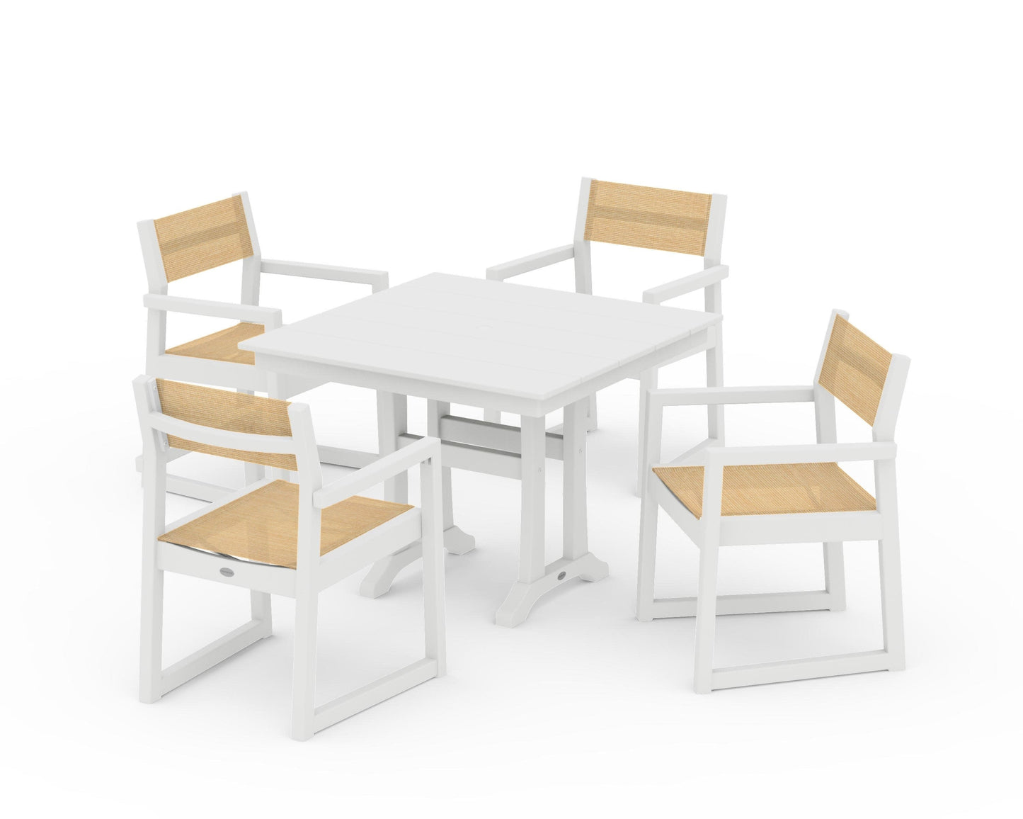 POLYWOOD EDGE Sling 5-Piece Farmhouse Dining Set with Trestle Legs — White / Dupioni Apricot Sling
