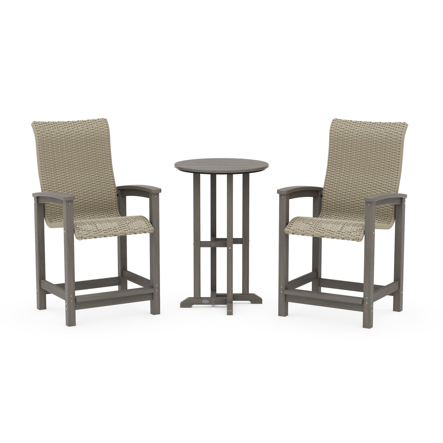 POLYWOOD Coastal Woven High-Back 3-Piece Farmhouse Counter Set — Driftwood / Dune Grass
