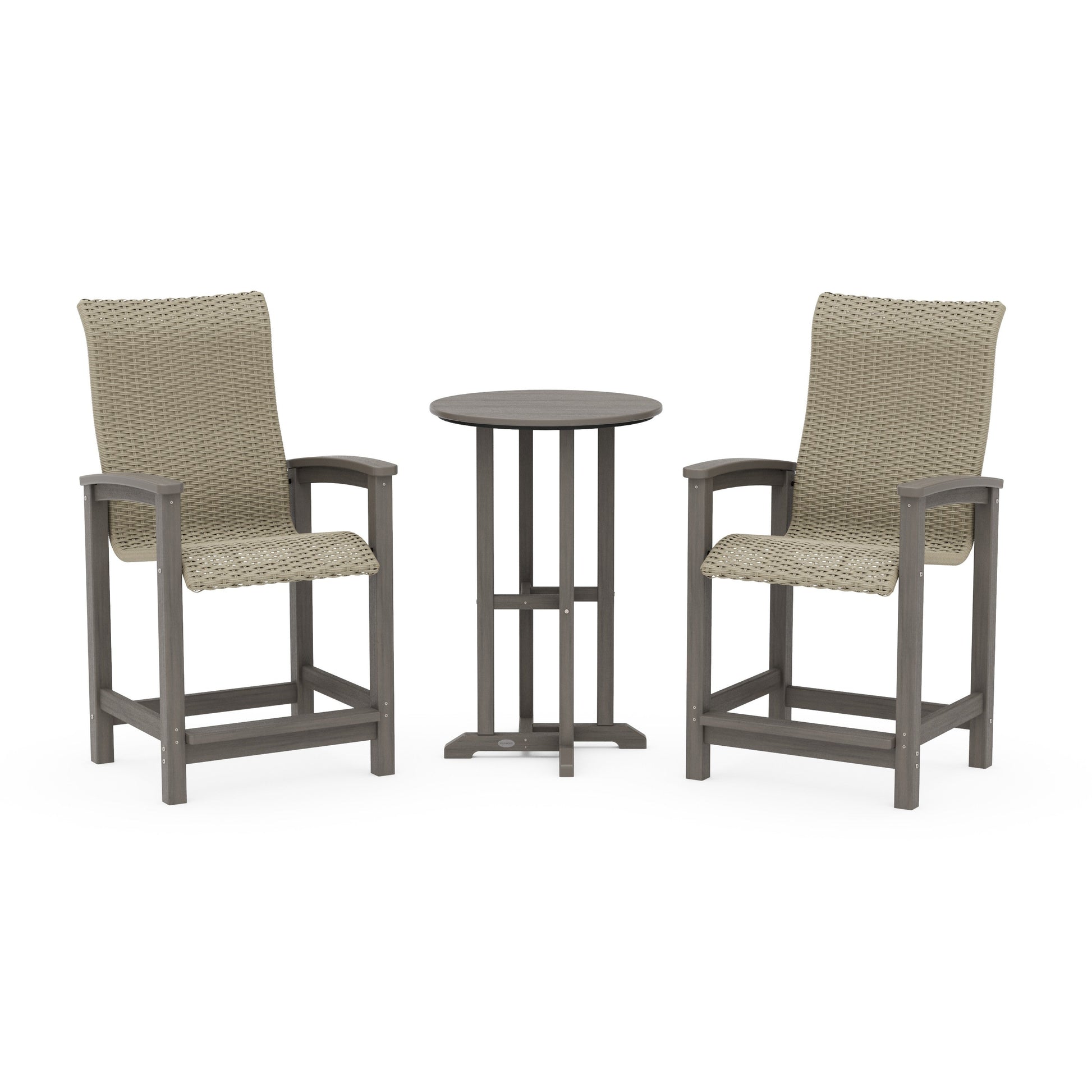 POLYWOOD Coastal Woven High-Back 3-Piece Farmhouse Counter Set — Driftwood / Dune Grass