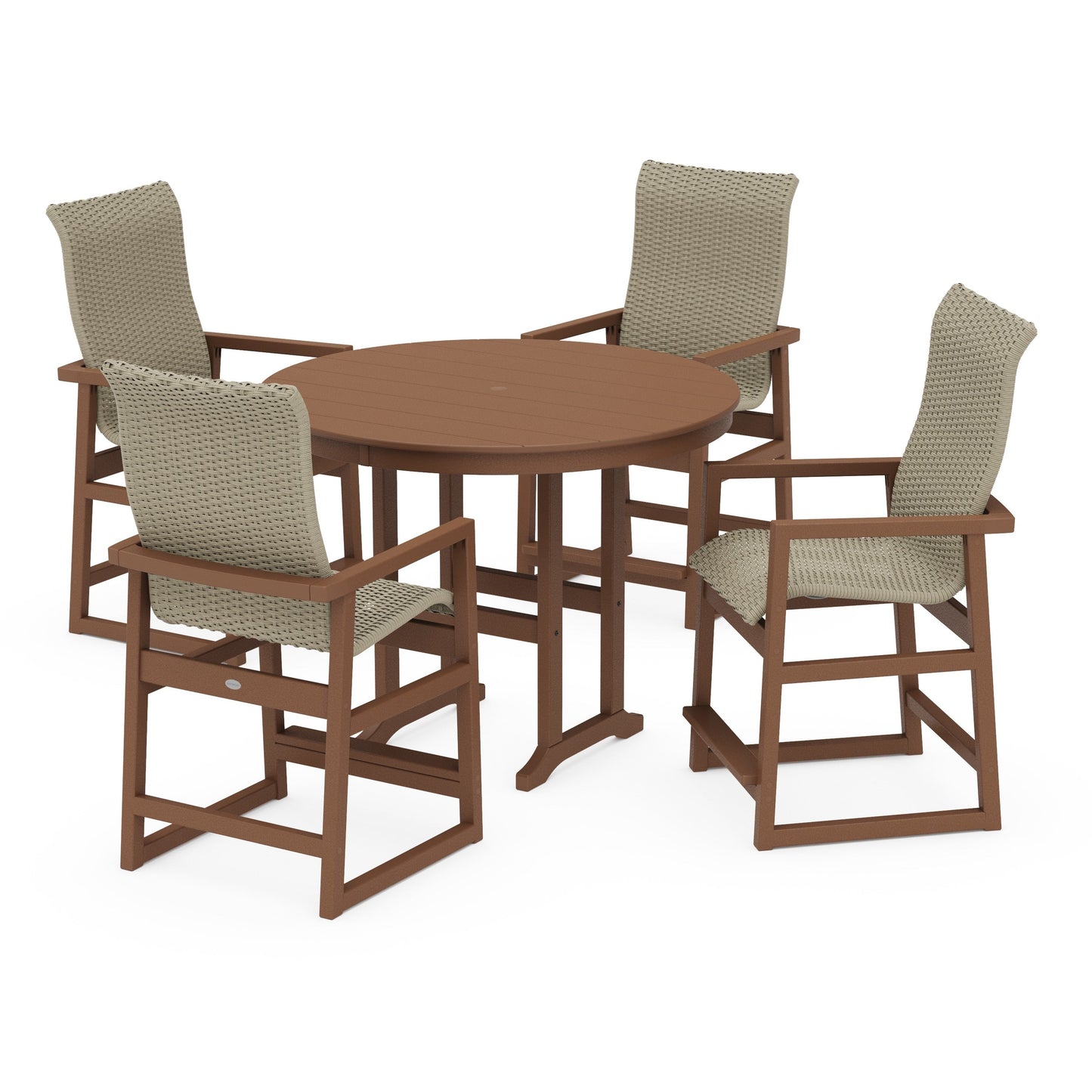 POLYWOOD EDGE Woven Highback 5-Piece Round Farmhouse Counter Set — Teak / Dune Grass