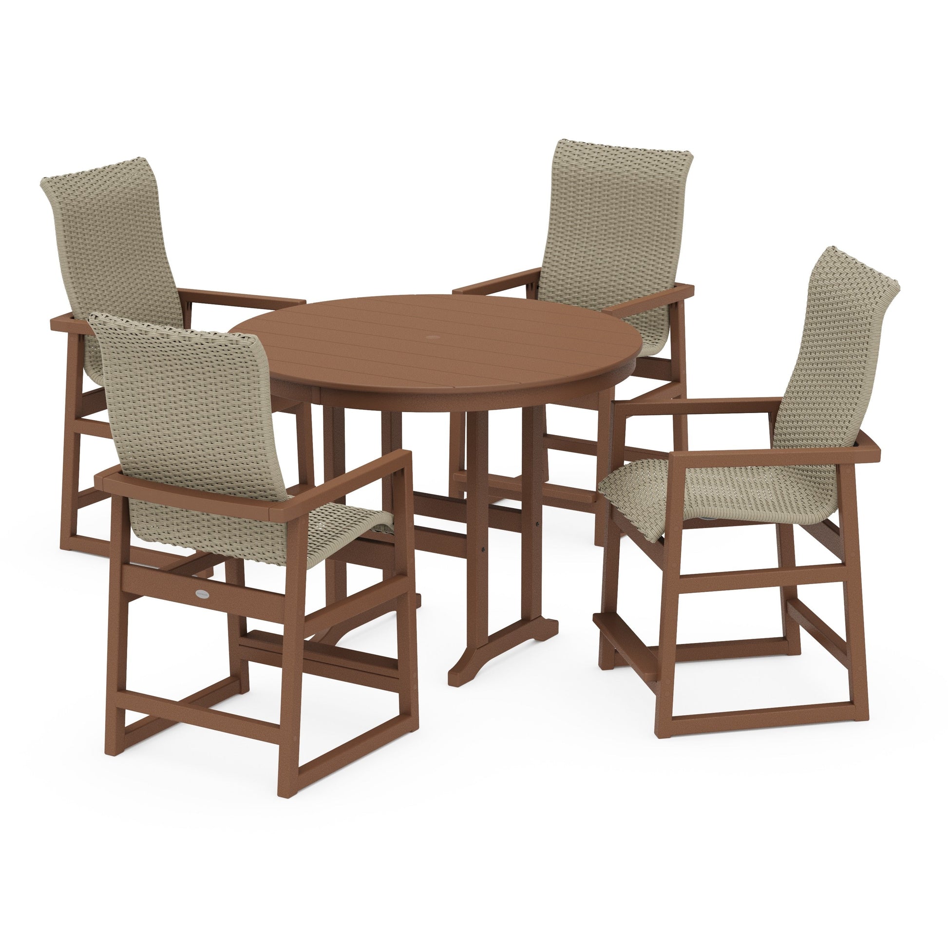 POLYWOOD EDGE Woven Highback 5-Piece Round Farmhouse Counter Set — Teak / Dune Grass