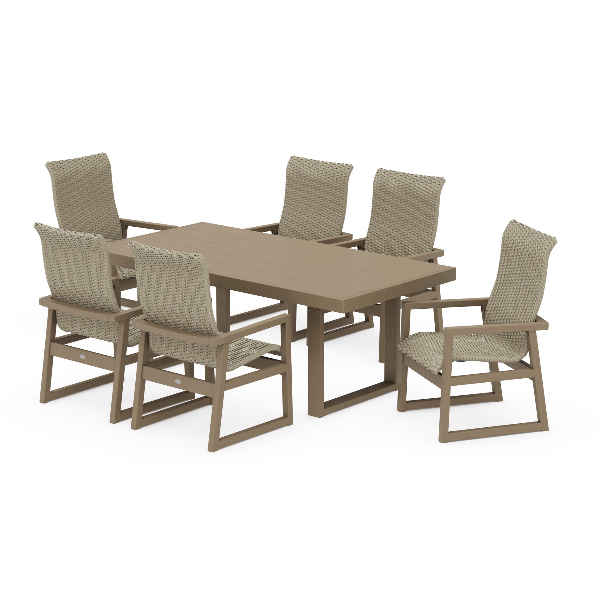 POLYWOOD EDGE Woven Highback Arm Chair 7-Piece Dining Set — Vintage Sahara / Dune Grass