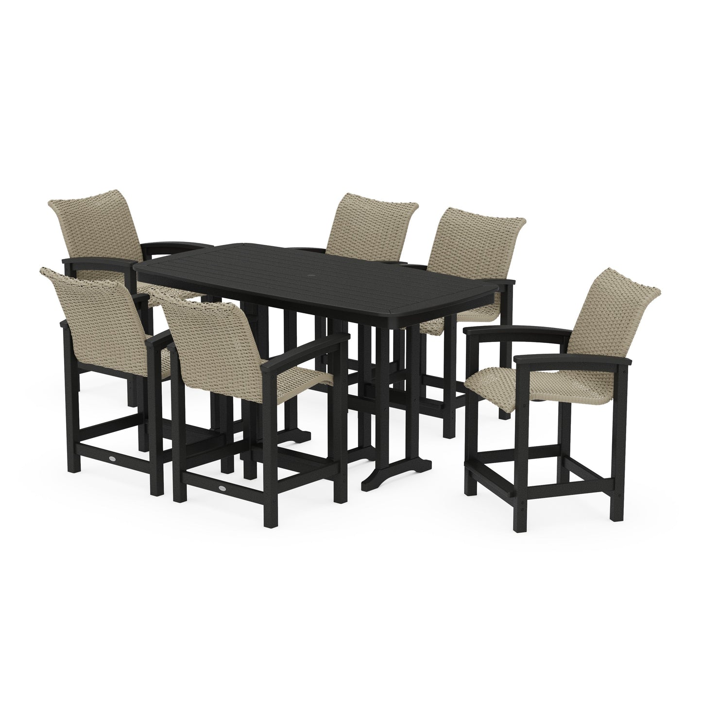POLYWOOD Coastal Woven Arm Chair 7-Piece Counter Set — Black / Dune Grass