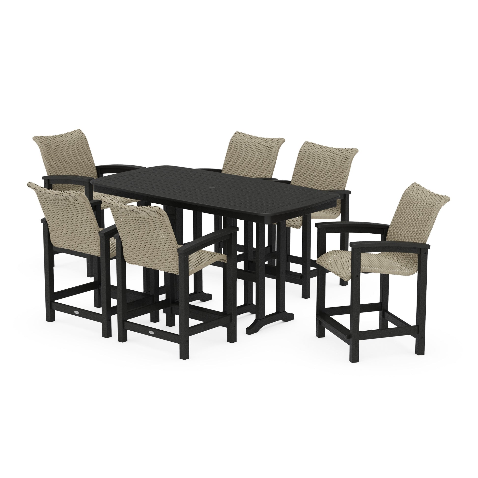 POLYWOOD Coastal Woven Arm Chair 7-Piece Counter Set — Black / Dune Grass