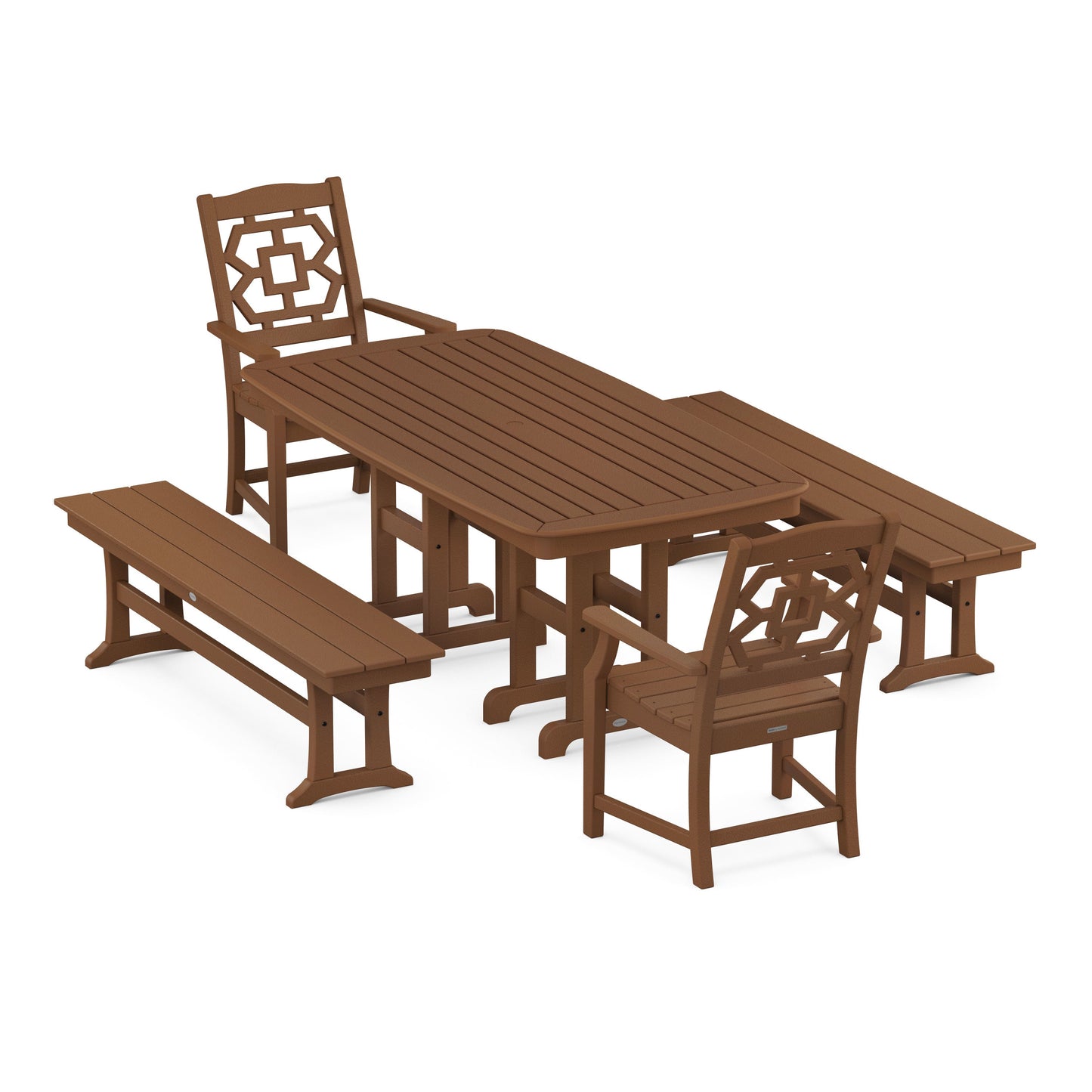 POLYWOOD Chinoiserie 5-Piece Dining Set with Benches — Teak
