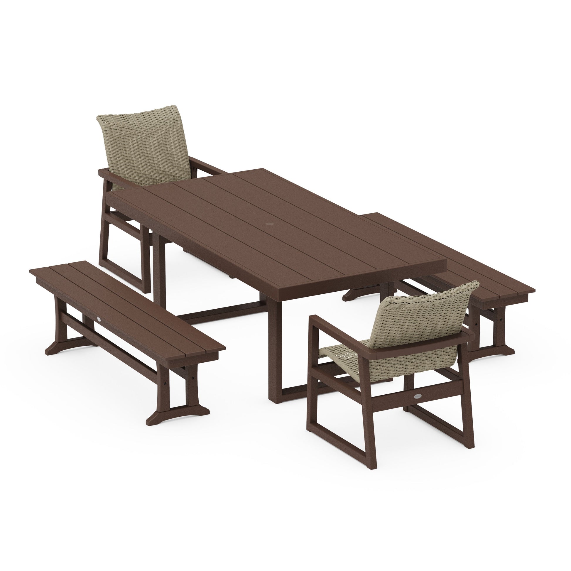 POLYWOOD EDGE Woven 5-Piece Dining Set with Benches — Mahogany / Dune Grass