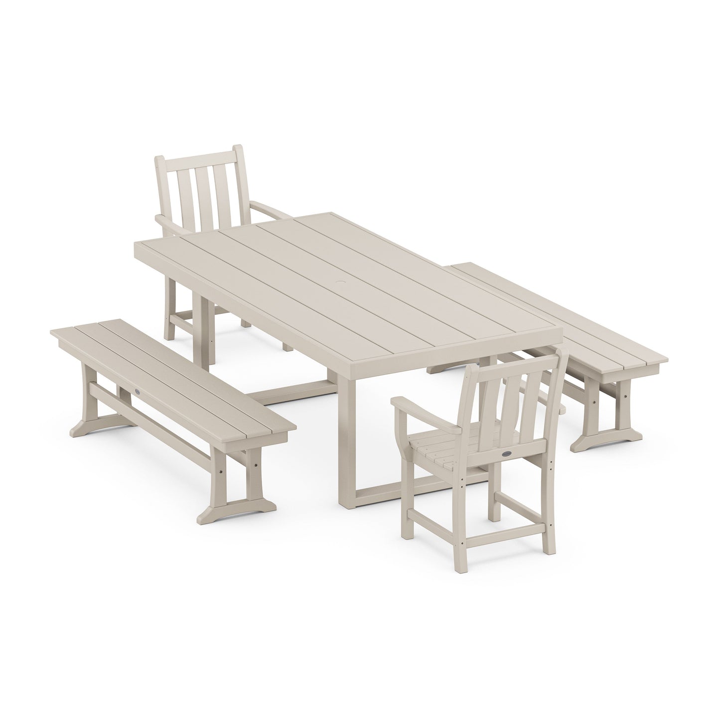 POLYWOOD Traditional Garden 5-Piece Dining Set with Benches — Sand