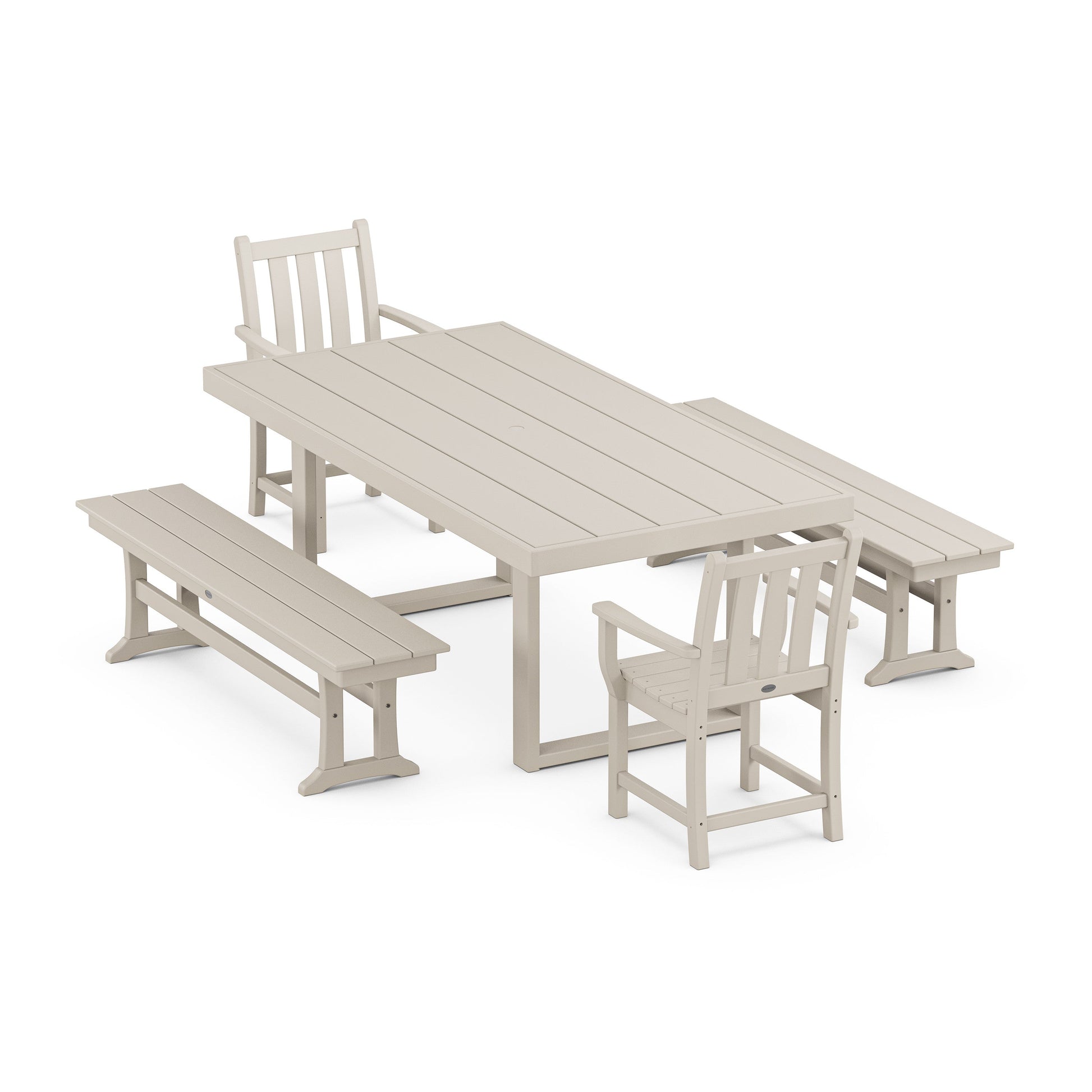 POLYWOOD Traditional Garden 5-Piece Dining Set with Benches — Sand