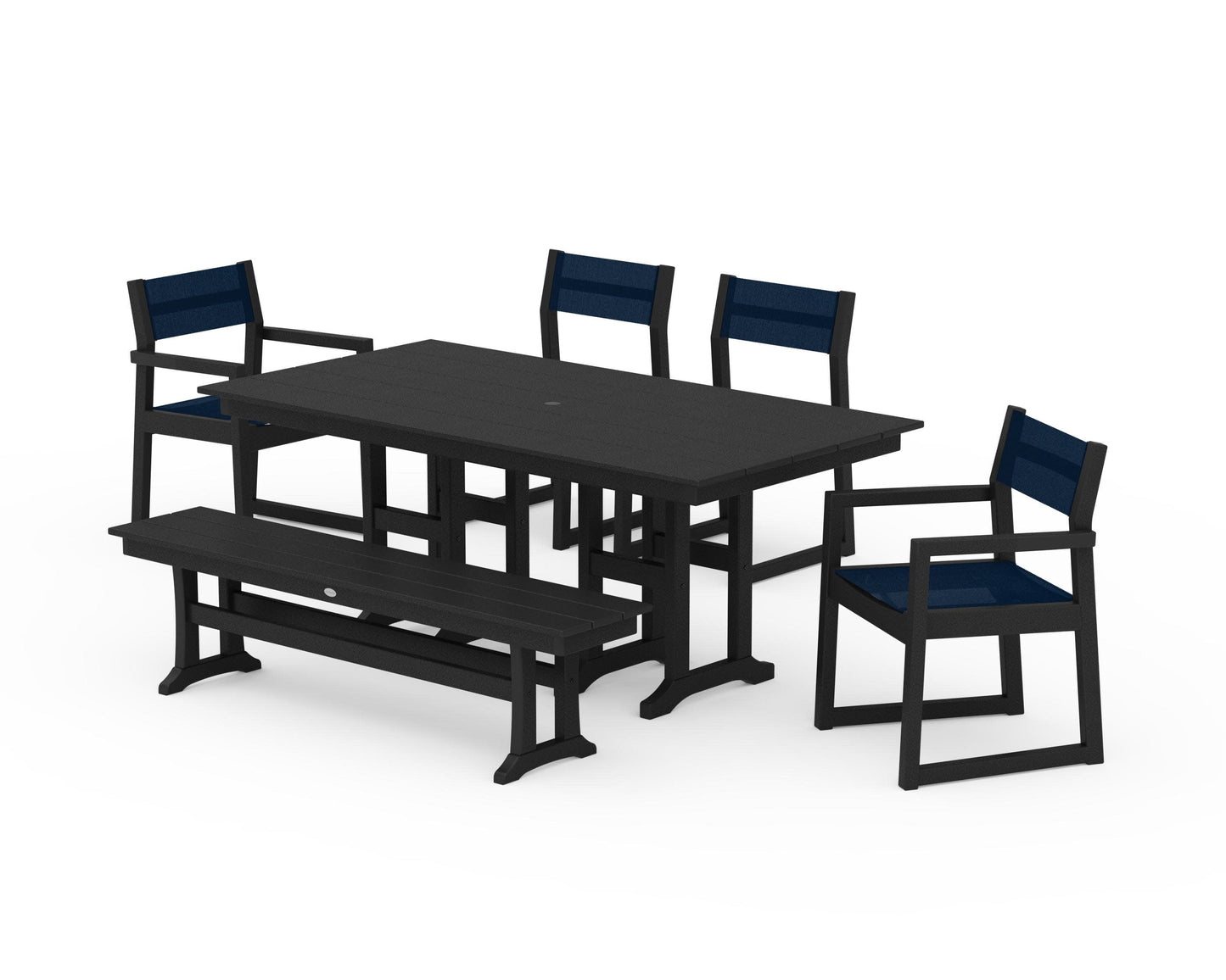 POLYWOOD EDGE Sling 6-Piece Farmhouse Dining Set — Black / Navy Blue Sling