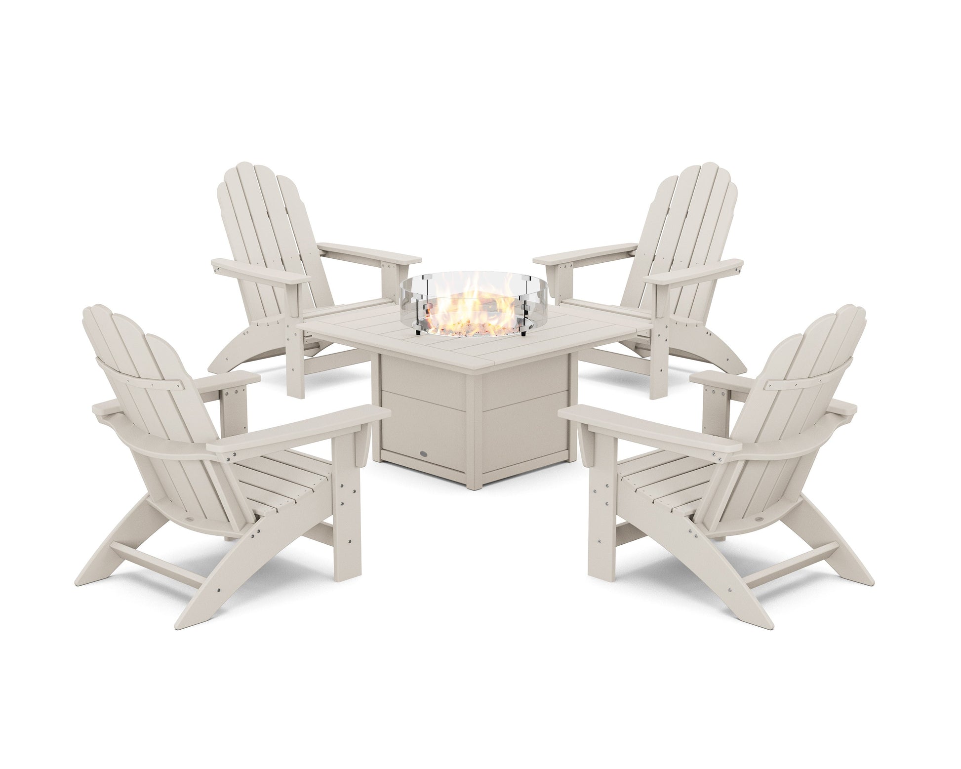 POLYWOOD 5-Piece Vineyard Grand Adirondack Conversation Set with Fire Pit Table — Sand