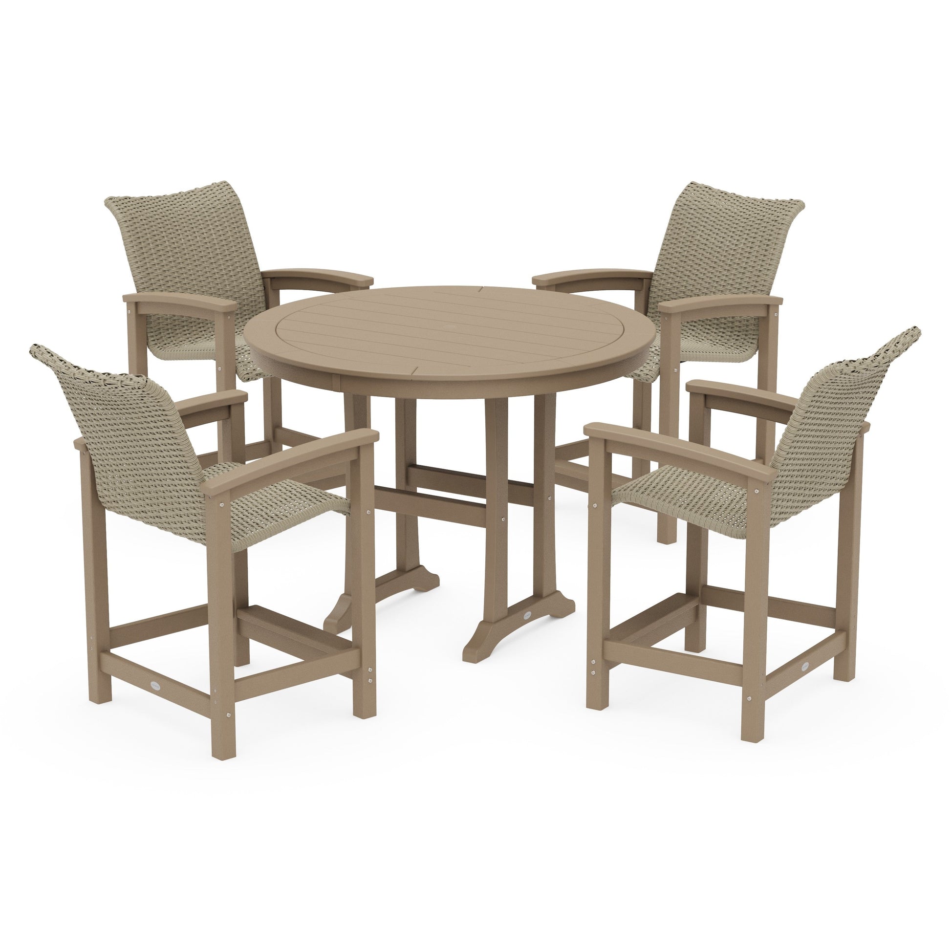 POLYWOOD Coastal Woven 5-Piece Round Counter Set — Vintage Sahara / Dune Grass