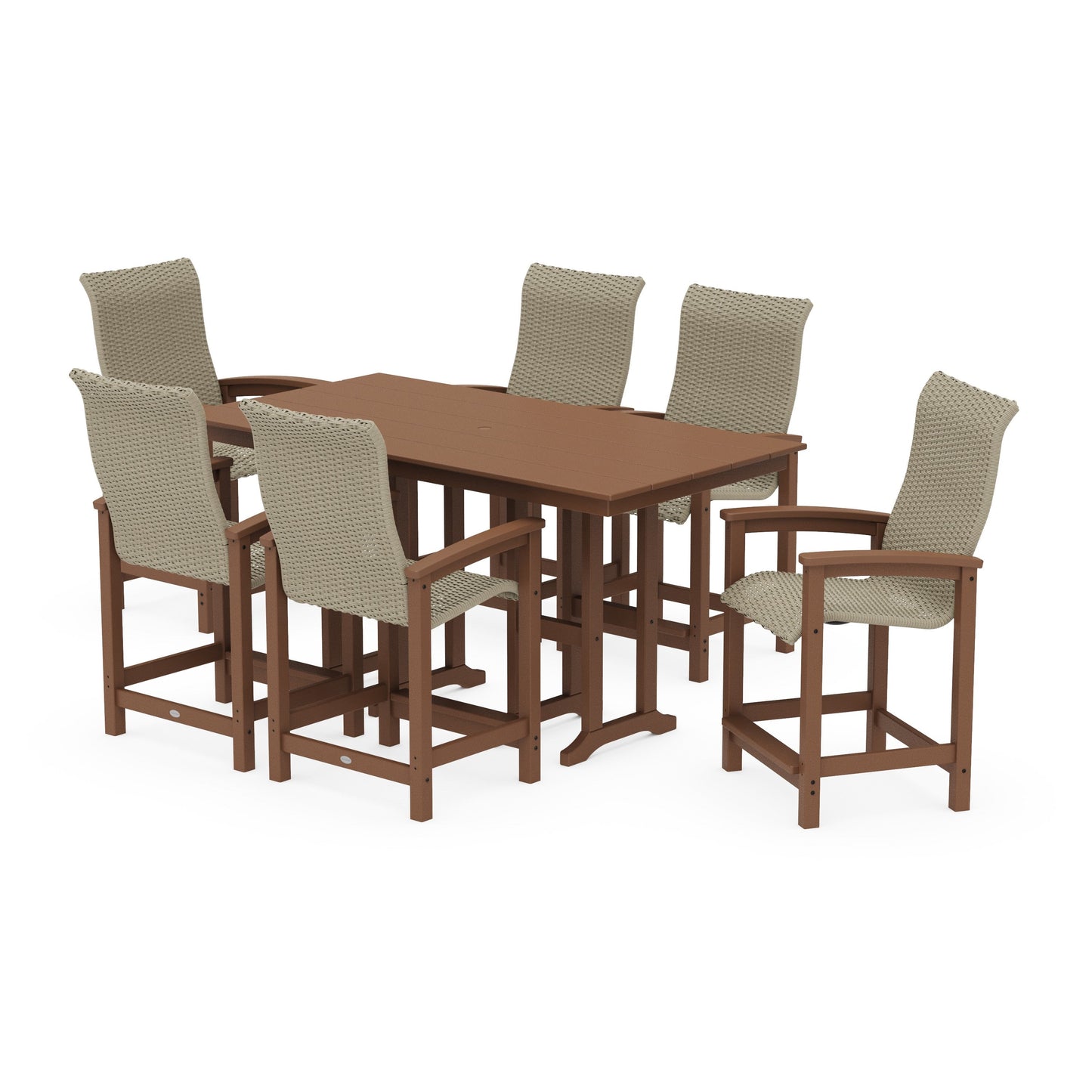 POLYWOOD Coastal Woven High-Back Arm Chair 7-Piece Farmhouse Counter Set — Teak / Dune Grass