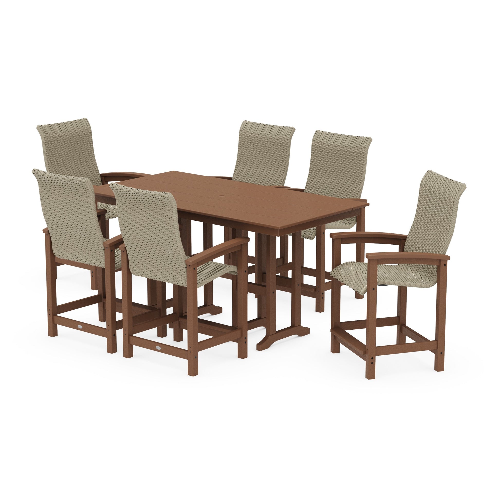 POLYWOOD Coastal Woven High-Back Arm Chair 7-Piece Farmhouse Counter Set — Teak / Dune Grass