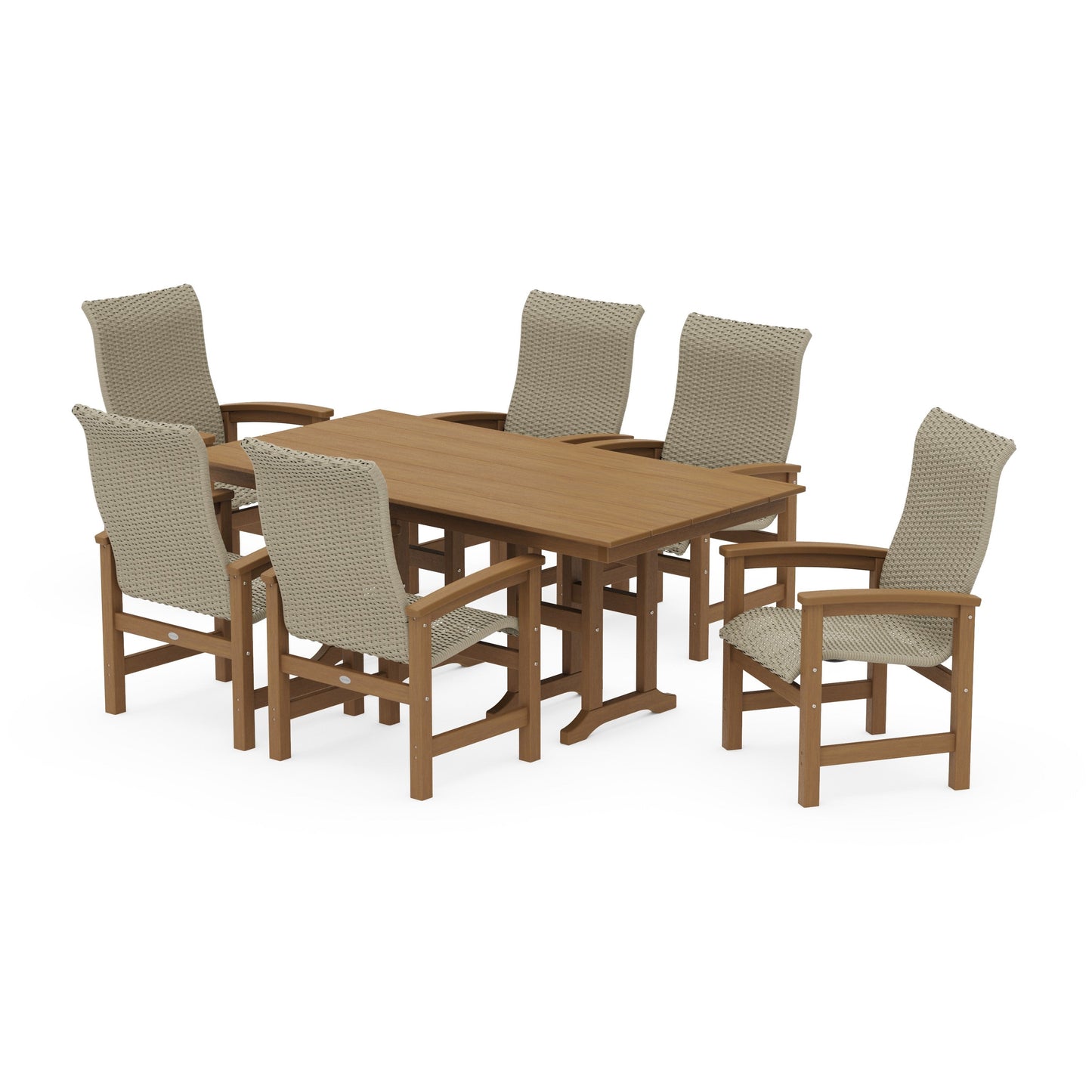 POLYWOOD Coastal Woven High-Back Arm Chair 7-Piece Farmhouse Dining Set — Natural / Dune Grass