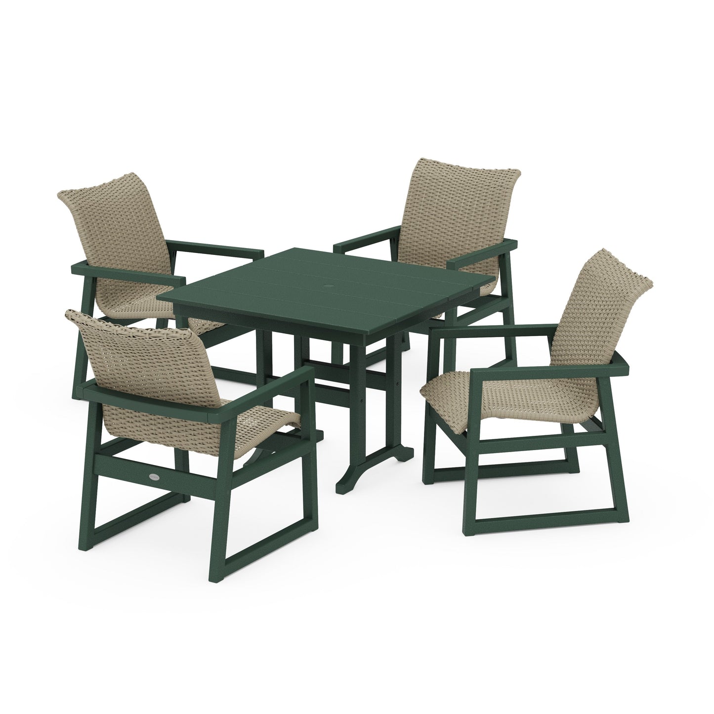 POLYWOOD EDGE Woven 5-Piece Farmhouse Dining Set — Green / Dune Grass