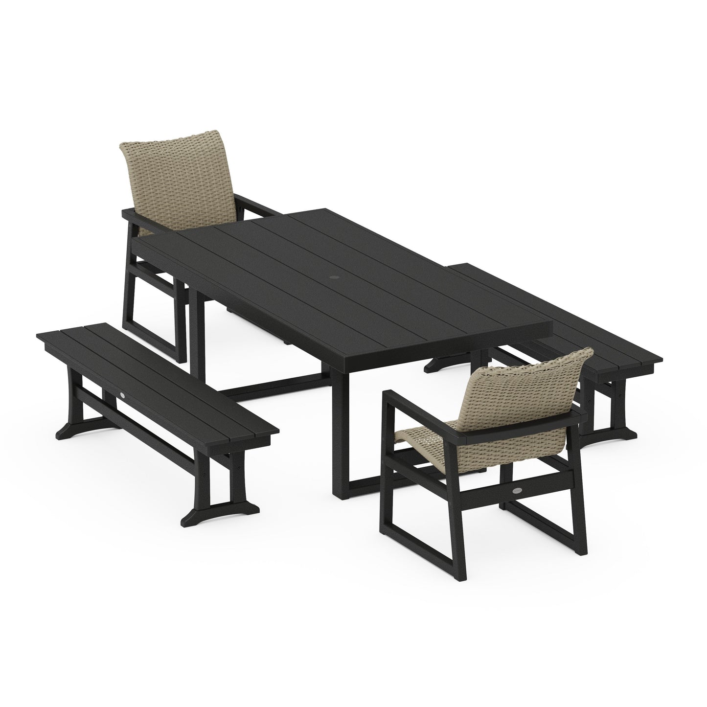 POLYWOOD EDGE Woven 5-Piece Dining Set with Benches — Black / Dune Grass