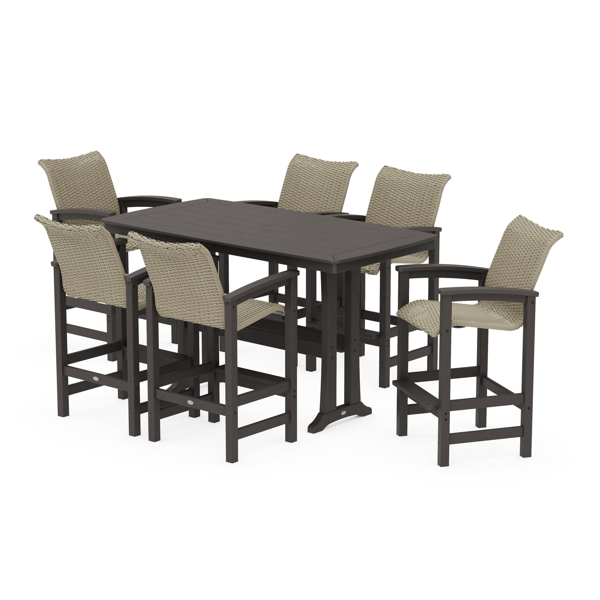 POLYWOOD Coastal Woven Arm Chair 7-Piece Bar Set with Trestle Legs — Vintage Coffee / Dune Grass
