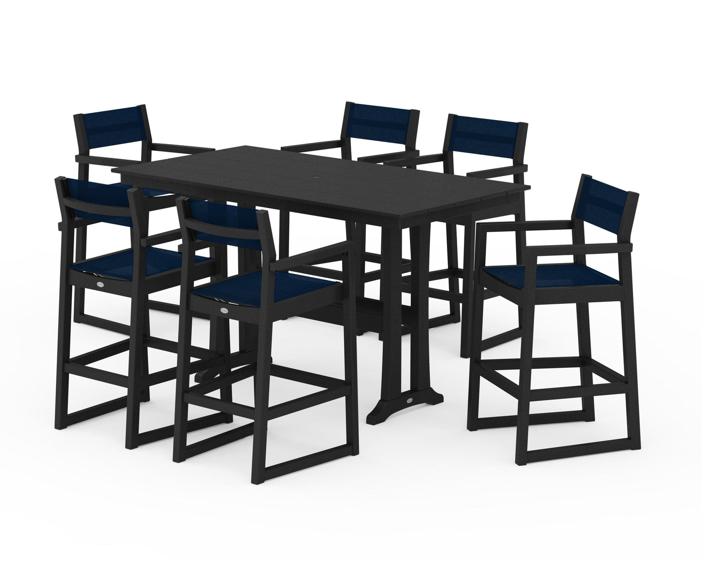 POLYWOOD EDGE Sling Arm Chair 7-Piece Farmhouse Bar Set with Trestle Legs — Black / Navy Blue Sling