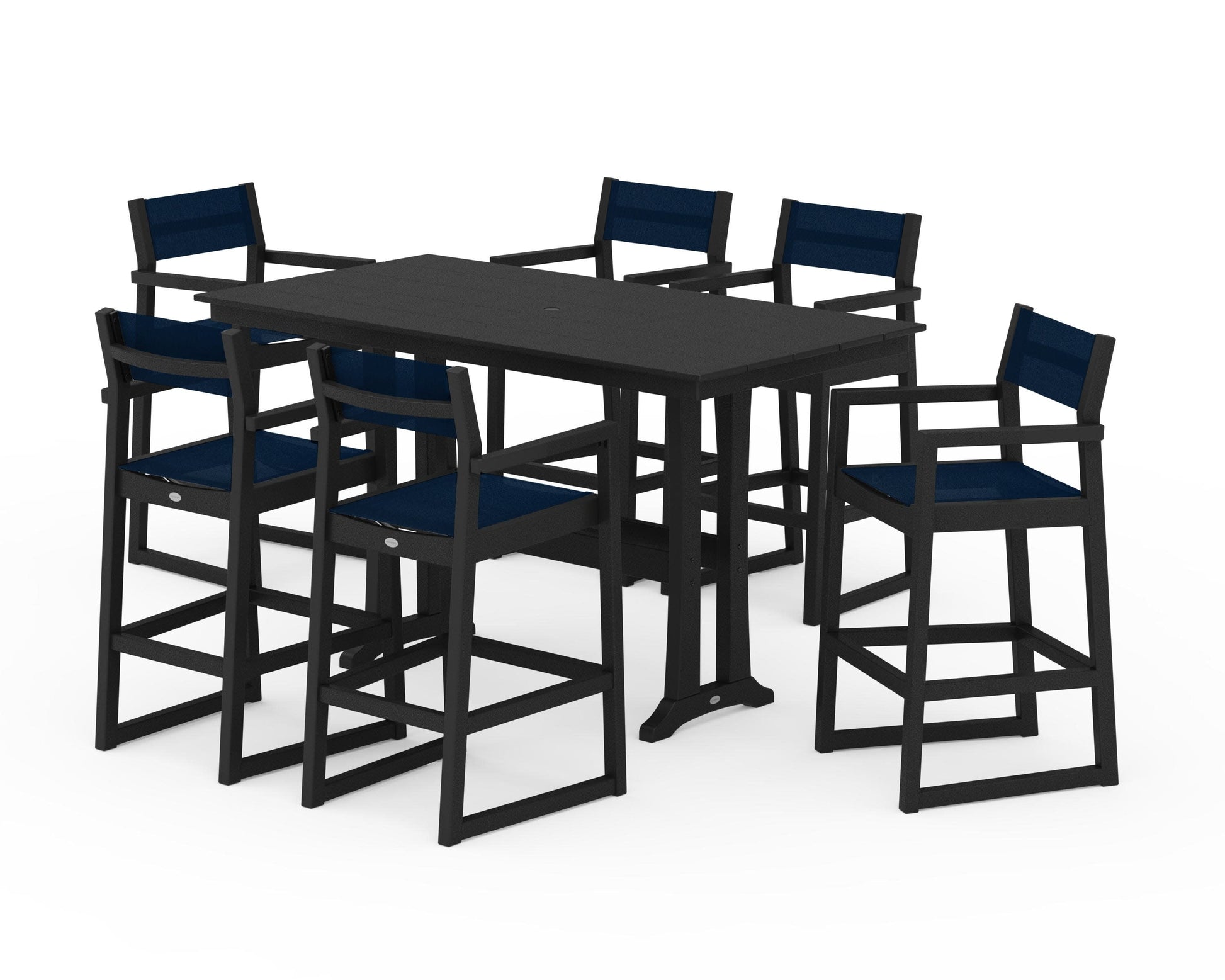 POLYWOOD EDGE Sling Arm Chair 7-Piece Farmhouse Bar Set with Trestle Legs — Black / Navy Blue Sling