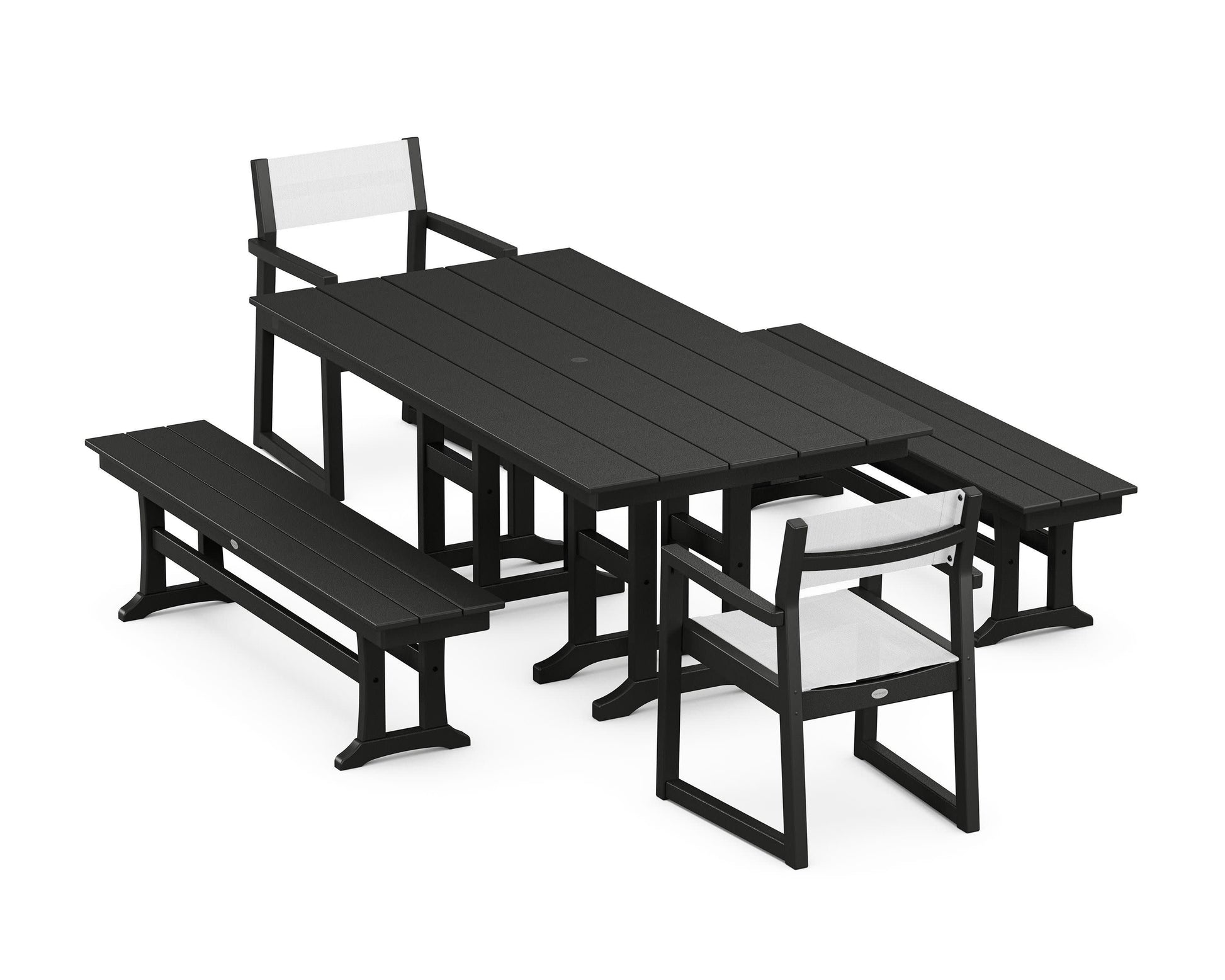 POLYWOOD EDGE Sling Arm Chair 5-Piece Farmhouse Dining Set with Benches — Black / White Sling