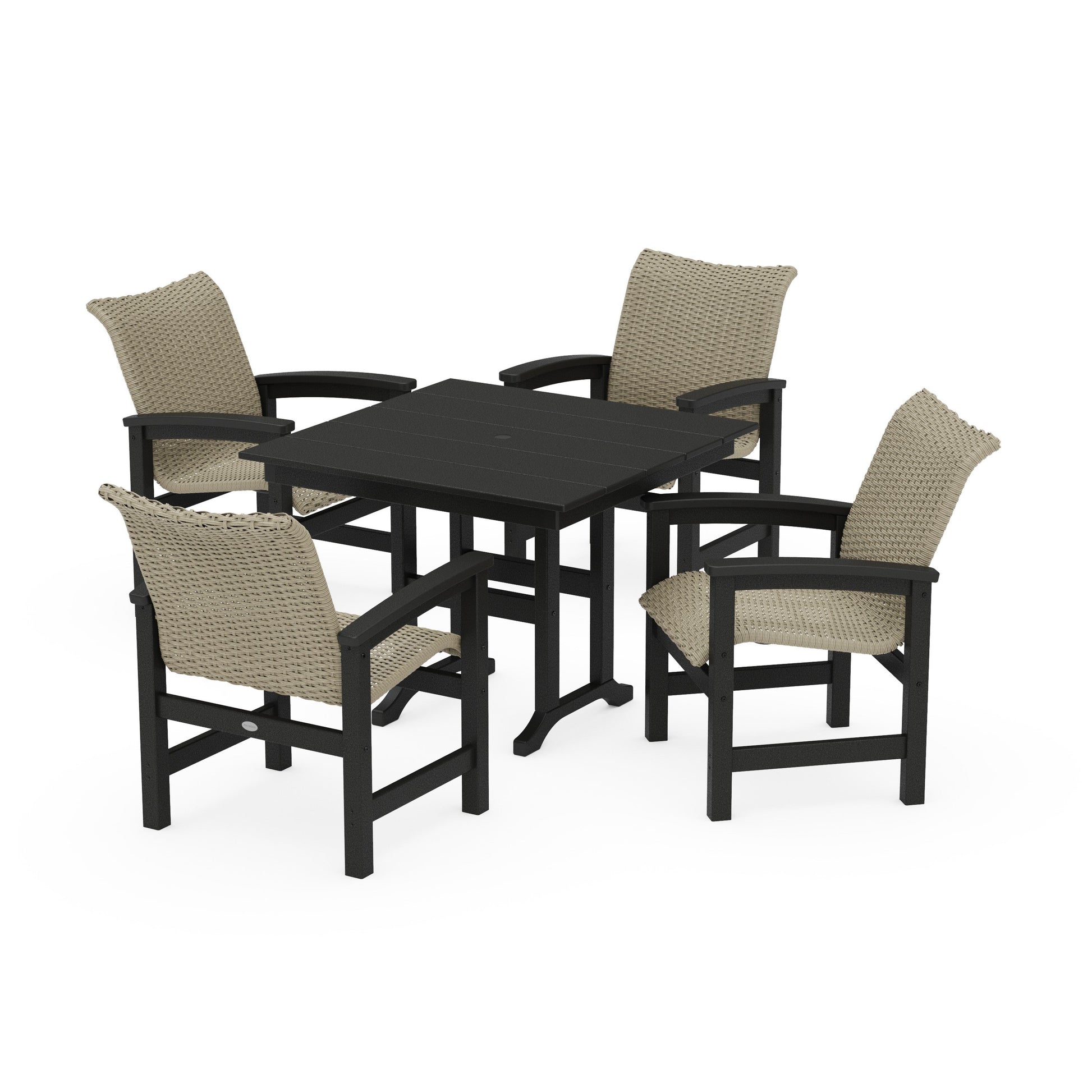 POLYWOOD Coastal Woven 5-Piece Farmhouse Dining Set — Black / Dune Grass