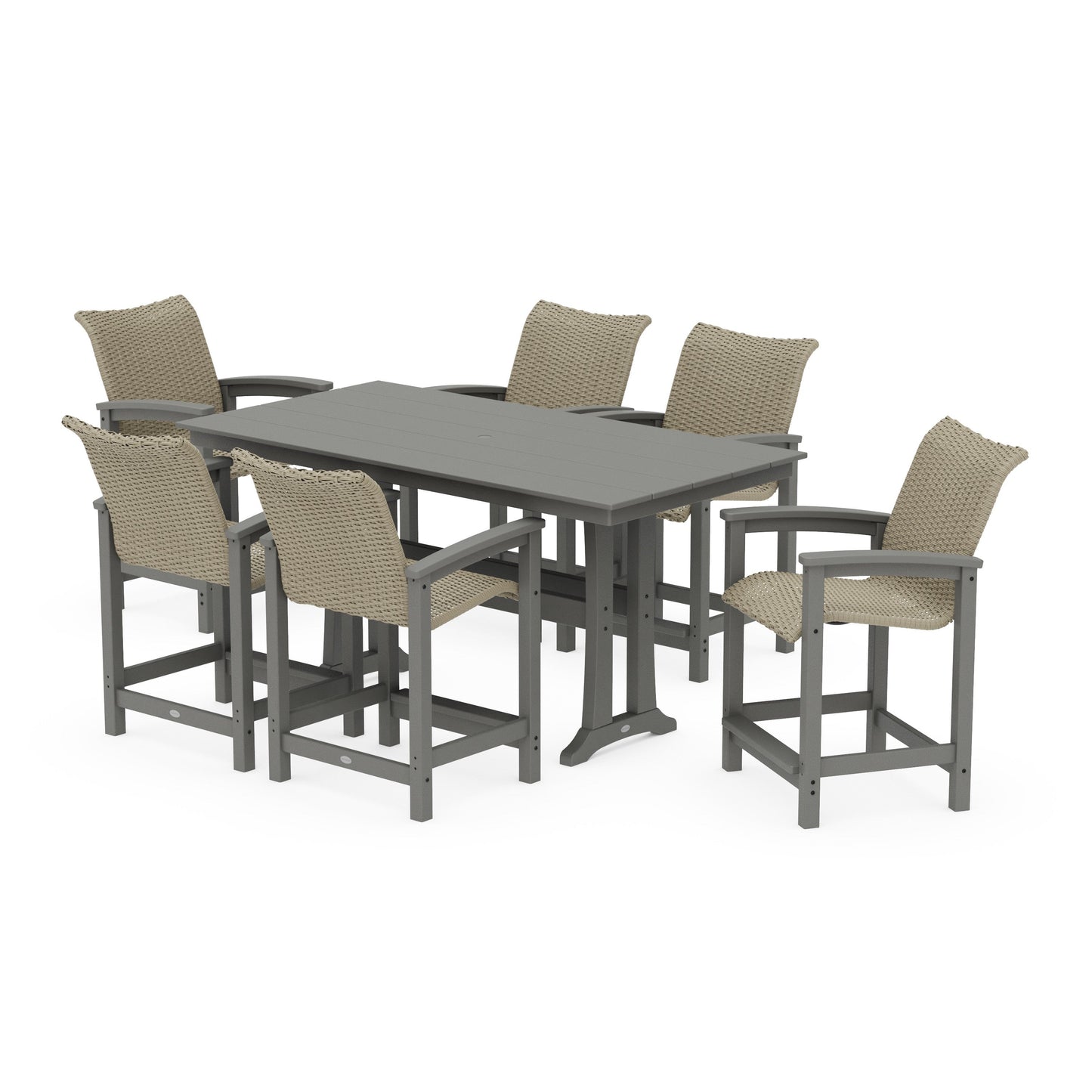 POLYWOOD Coastal Woven Arm Chair 7-Piece Farmhouse Counter Set with Trestle Legs — Slate Grey / Dune Grass