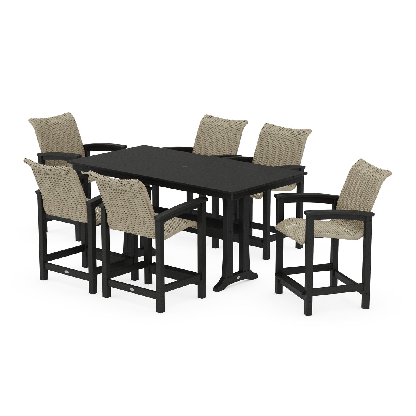 POLYWOOD Coastal Woven Arm Chair 7-Piece Farmhouse Counter Set with Trestle Legs — Black / Dune Grass