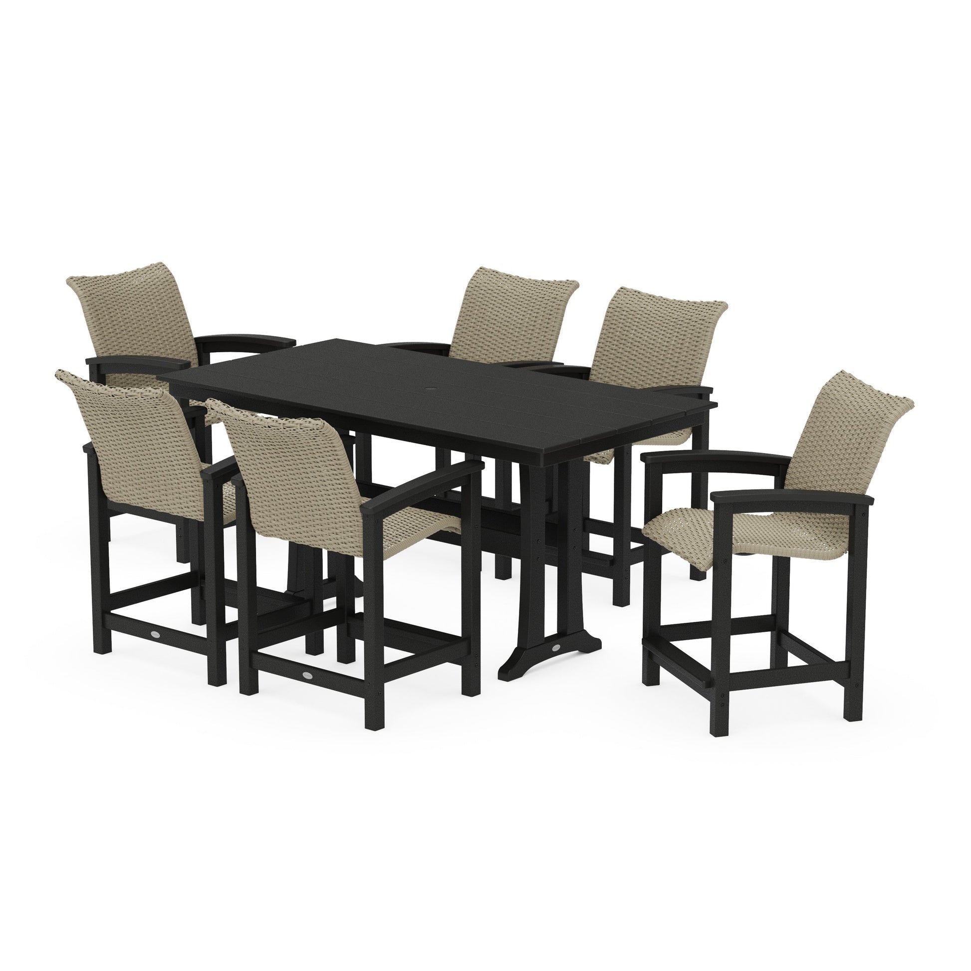 POLYWOOD Coastal Woven Arm Chair 7-Piece Farmhouse Counter Set with Trestle Legs — Black / Dune Grass