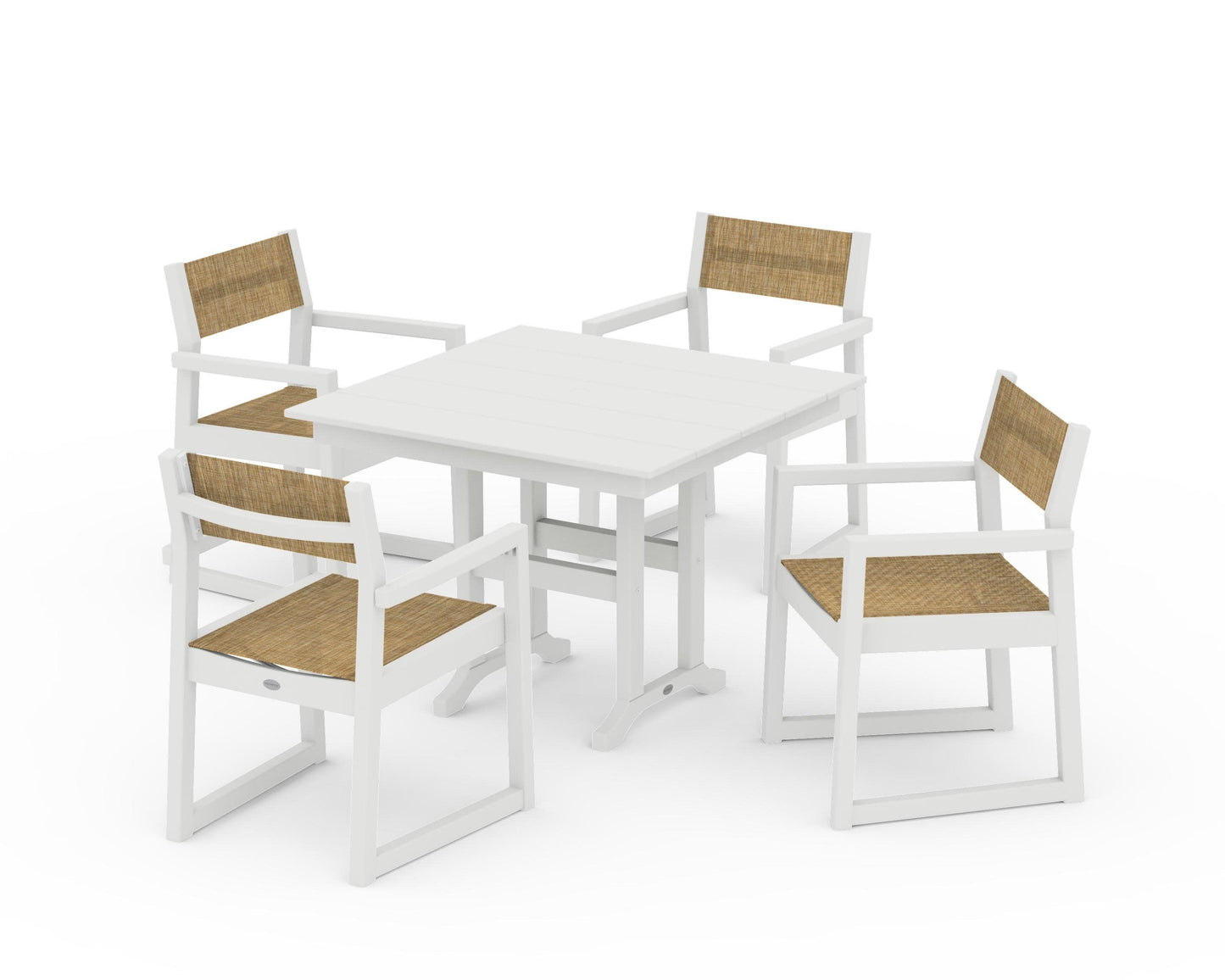 POLYWOOD EDGE Sling Arm Chair 5-Piece Farmhouse Dining Set — Vintage White / Burlap Sling