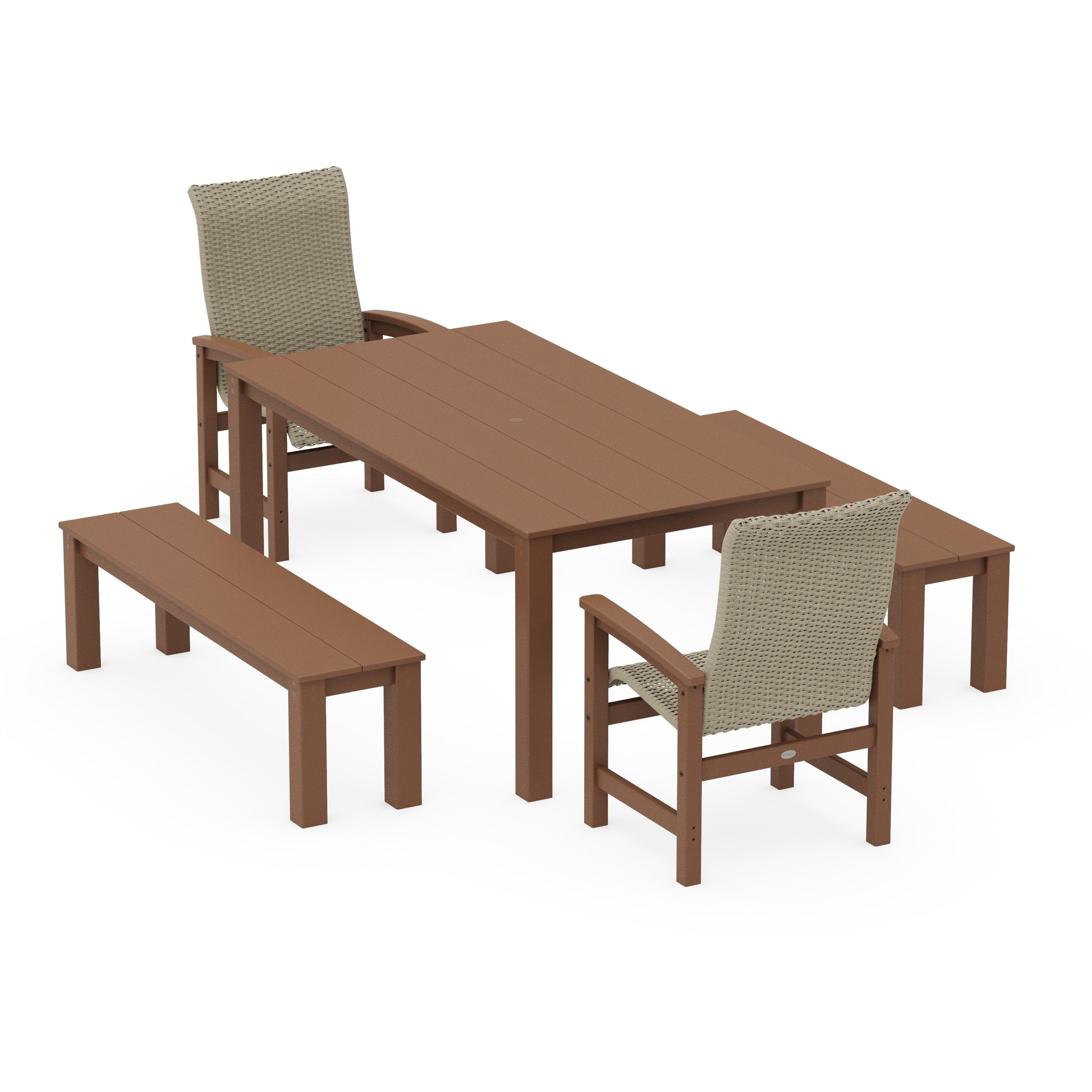 POLYWOOD Coastal Woven High-Back 5-Piece Parsons Dining Set with Benches — Teak / Dune Grass