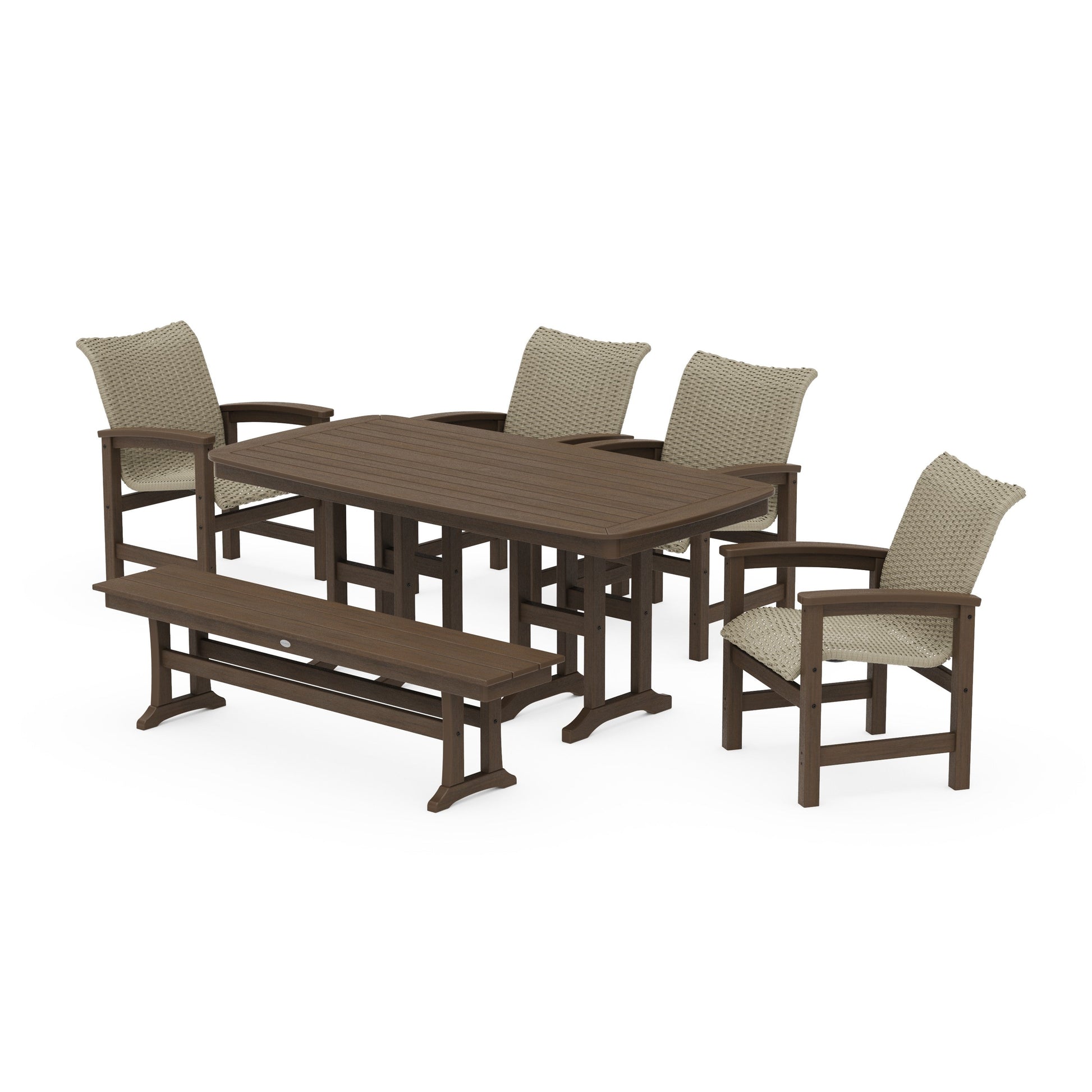 POLYWOOD Coastal Woven 6-Piece Farmhouse Dining Set with Bench — Kona / Dune Grass