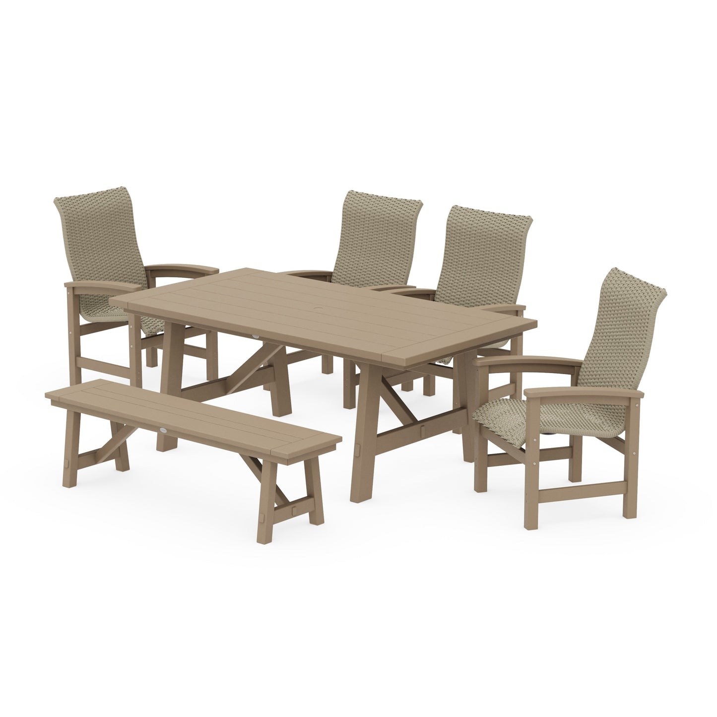 POLYWOOD Coastal Woven High-Back 6-Piece Rustic Farmhouse Dining Set with Bench — Vintage Sahara / Dune Grass