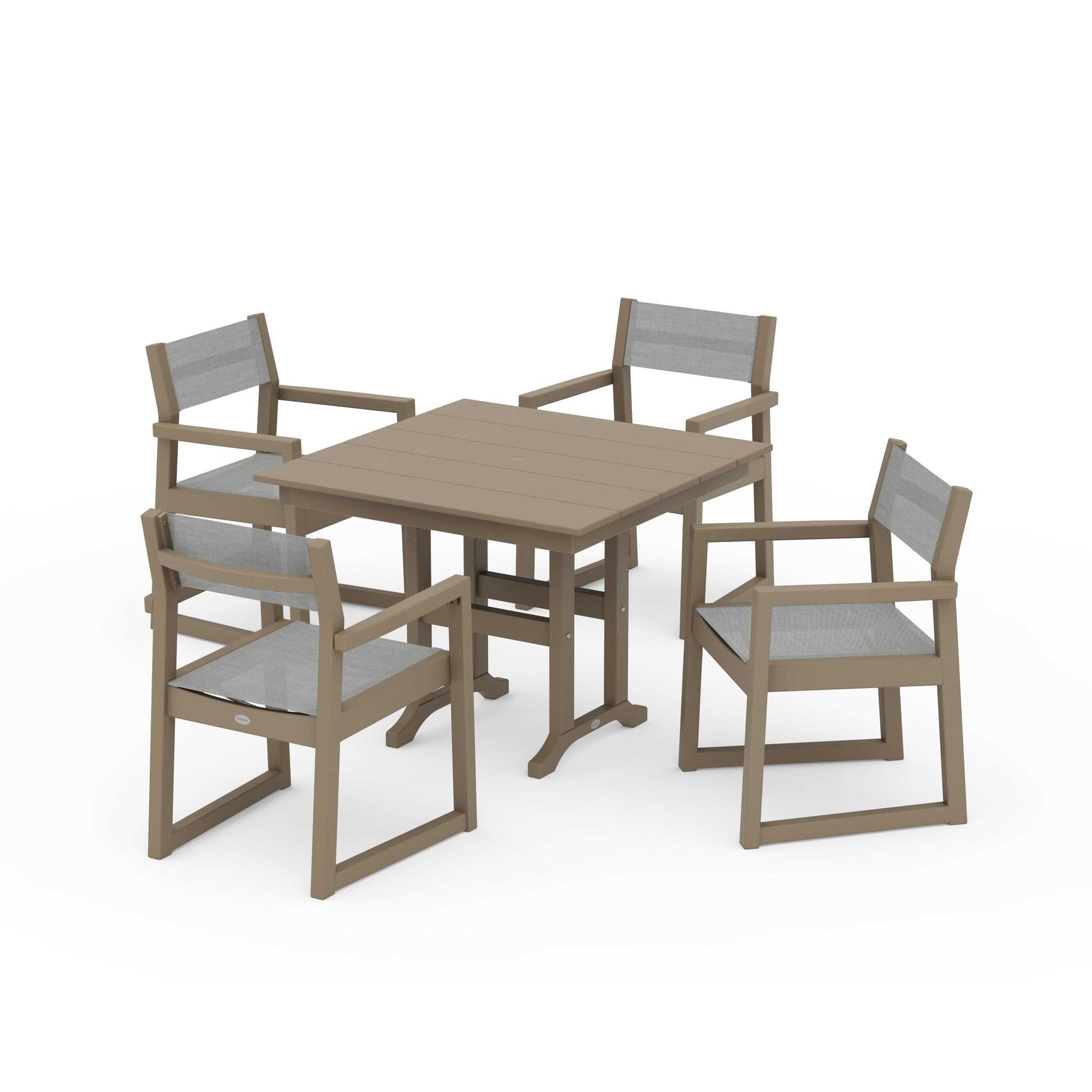 POLYWOOD EDGE Sling Arm Chair 5-Piece Farmhouse Dining Set — Vintage Sahara / Metallic Sling