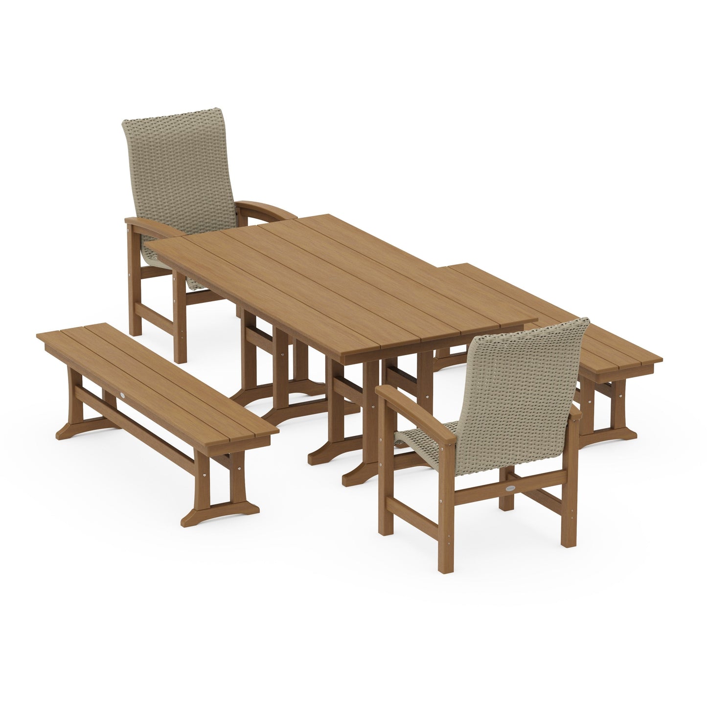 POLYWOOD Coastal Woven High-Back 5-Piece Farmhouse Dining Set with Benches — Natural / Dune Grass