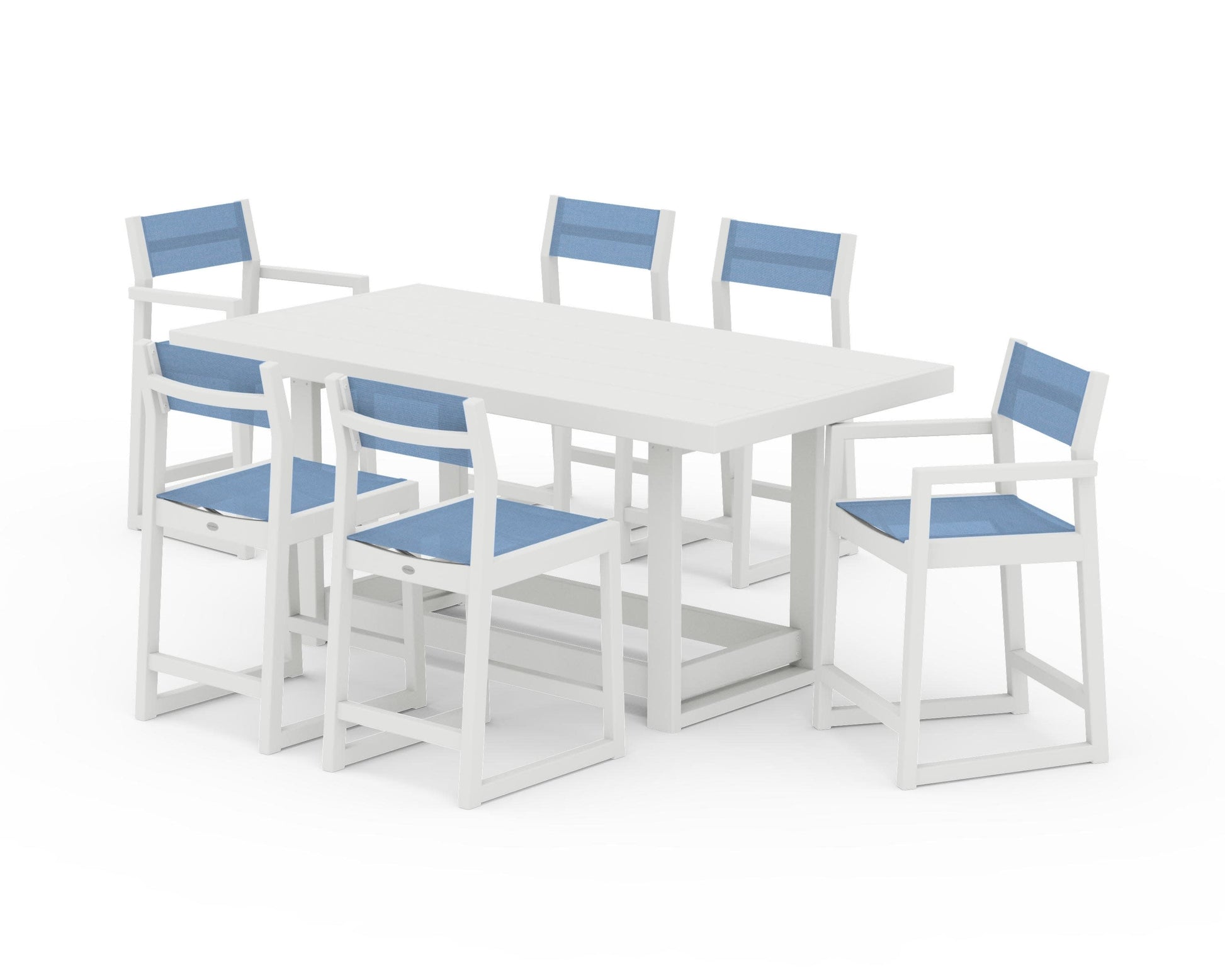 POLYWOOD EDGE Sling 7-Piece Counter Table Set — Vintage White / Poolside Sling